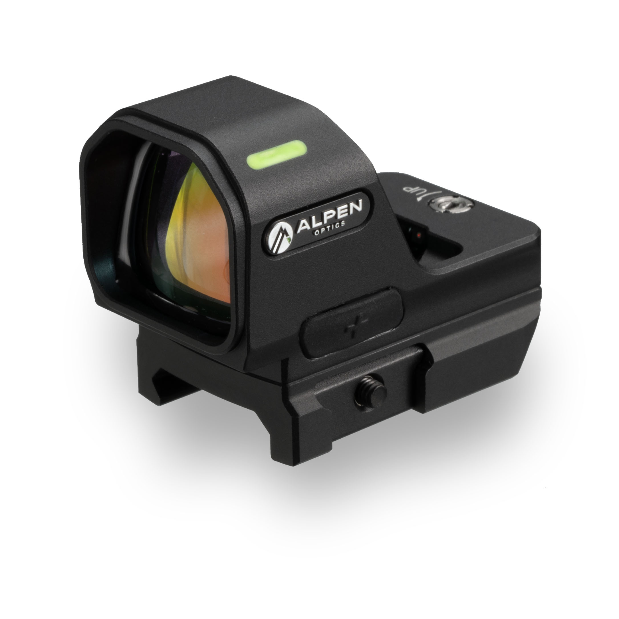 Una mira de punto rojo Alpen Optics negra con lente revestida, montada en un riel sobre fondo blanco.