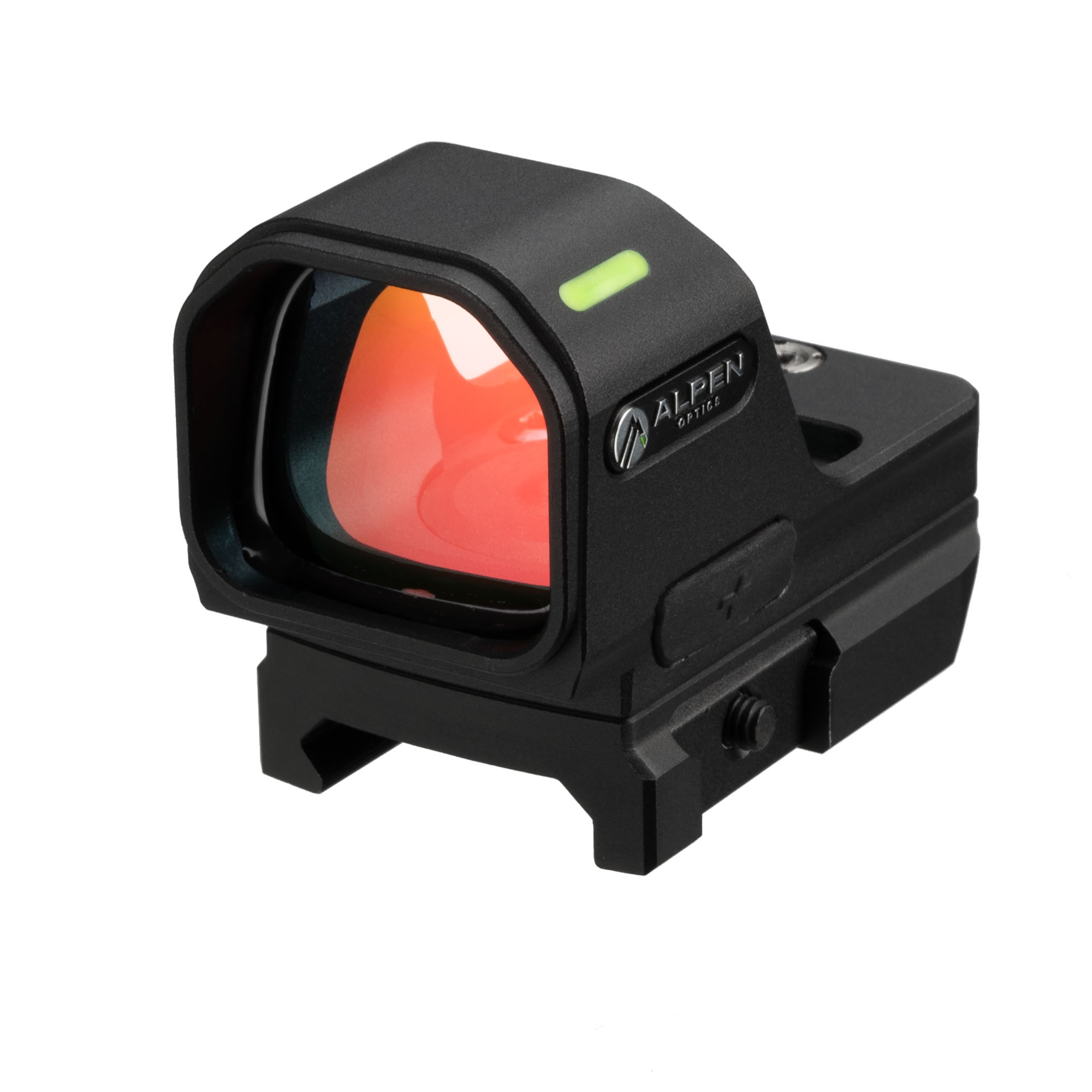 Mira de punto rojo Alpen Optics negra con lente roja sobre fondo blanco.