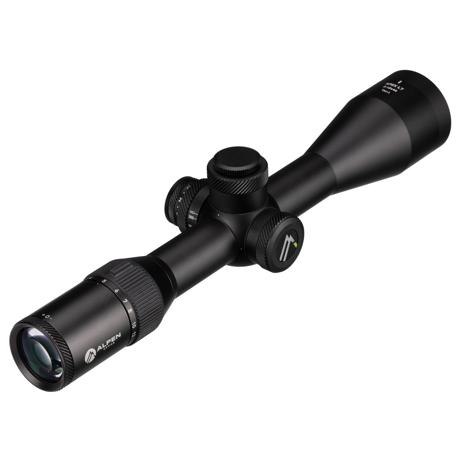 Un visor de rifle Alpen negro con torretas de ajuste y lentes transparentes sobre fondo blanco.