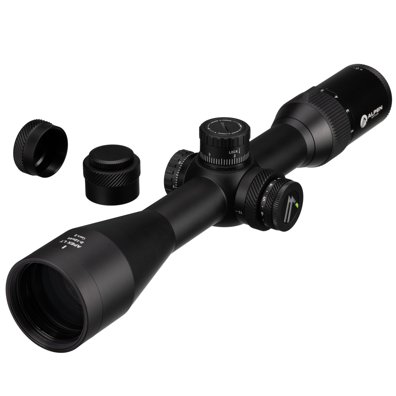 Un visor de rifle negro con torretas de ajuste y dos tapas de lentes aislado en blanco.