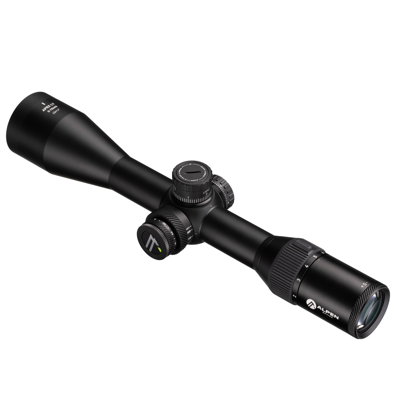 Visor telescópico negro Alpen Optics con torretas de ajuste sobre fondo blanco.