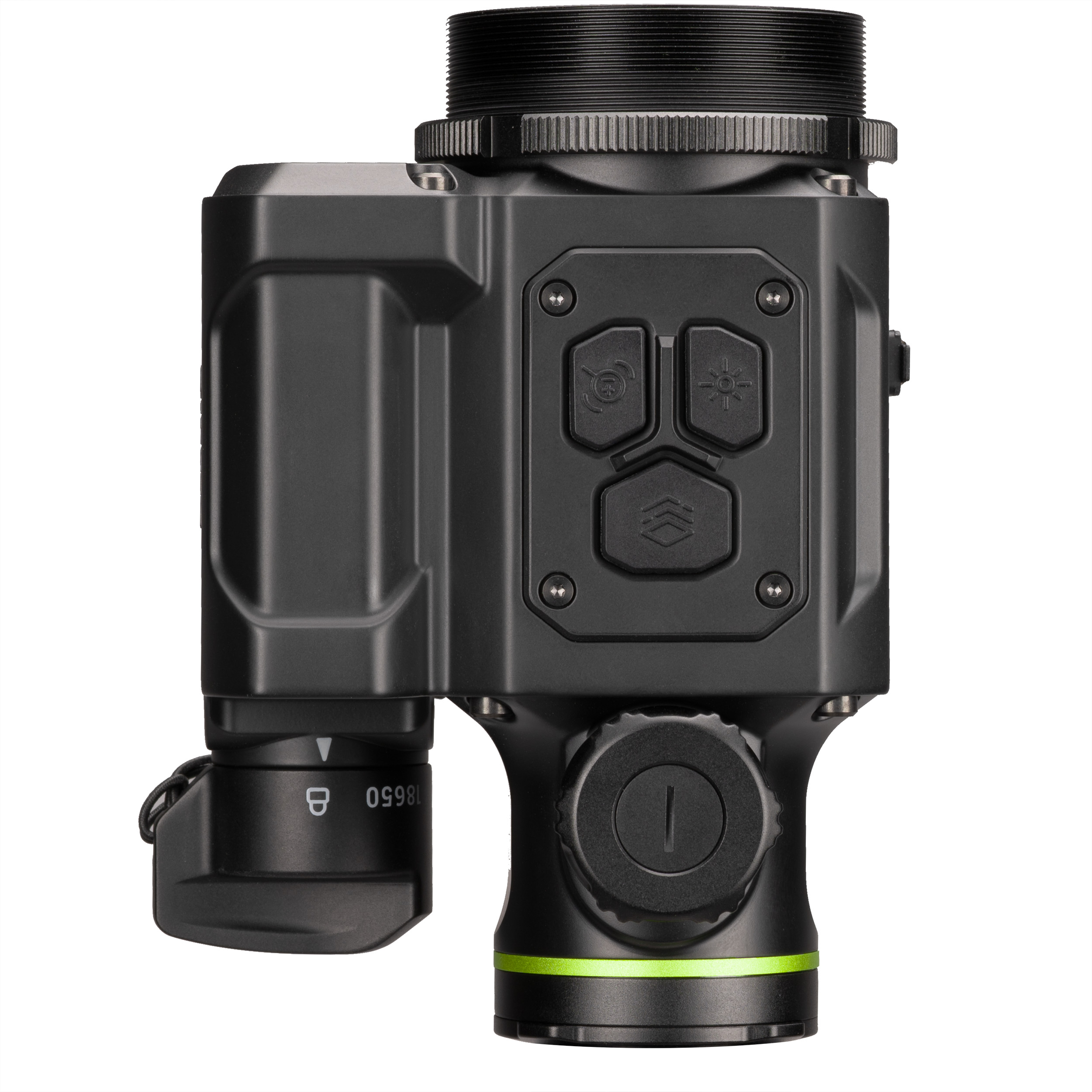 Visor táctico negro con anillo estriado, tres botones de control, rueda de ajuste y un acento verde brillante.