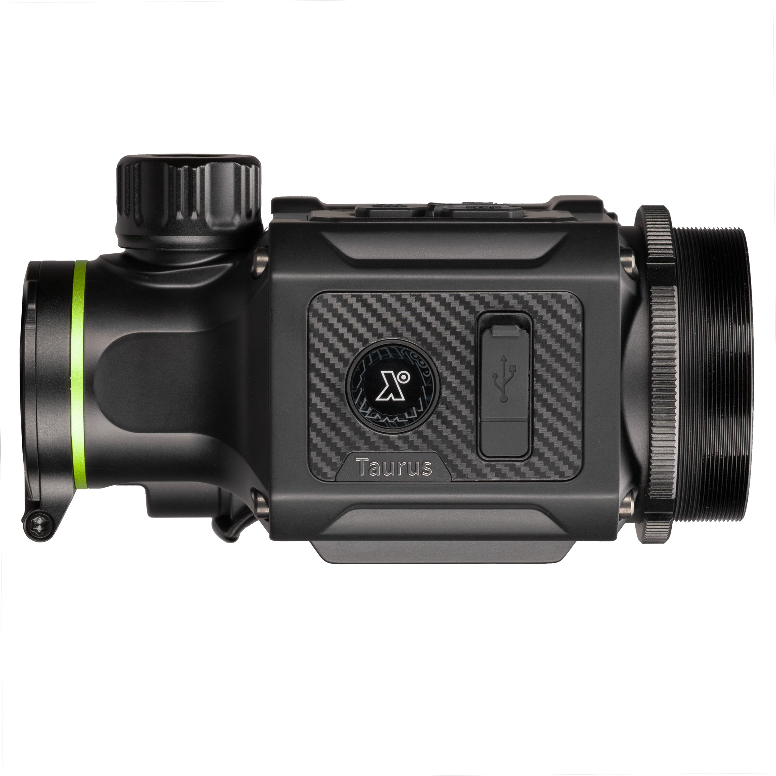 Visor óptico negro con etiqueta Taurus, detalles de fibra de carbono y borde verde sobre fondo blanco.