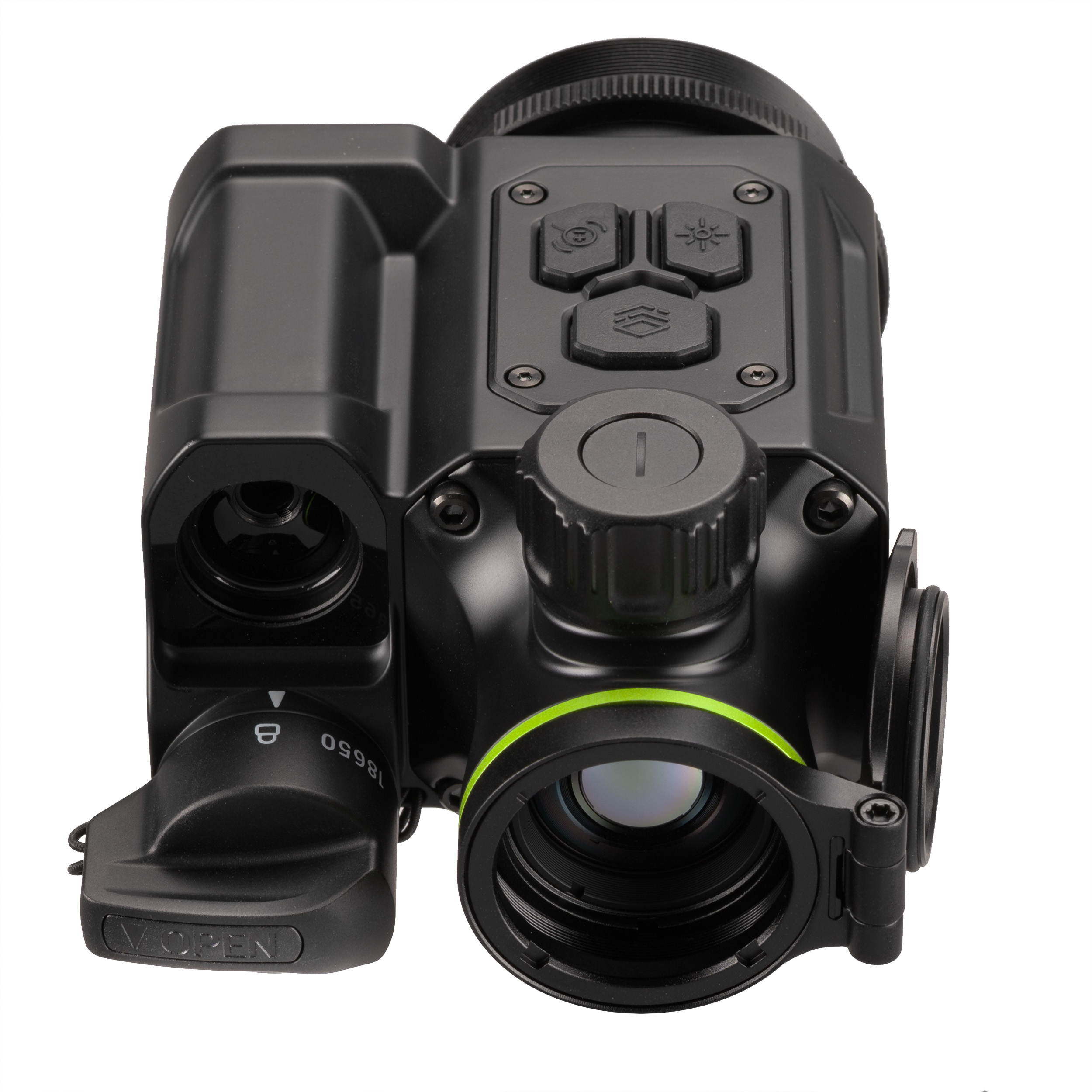 Un dispositivo de imagen térmica negro con botones de control, una lente y un compartimento de batería abierto.