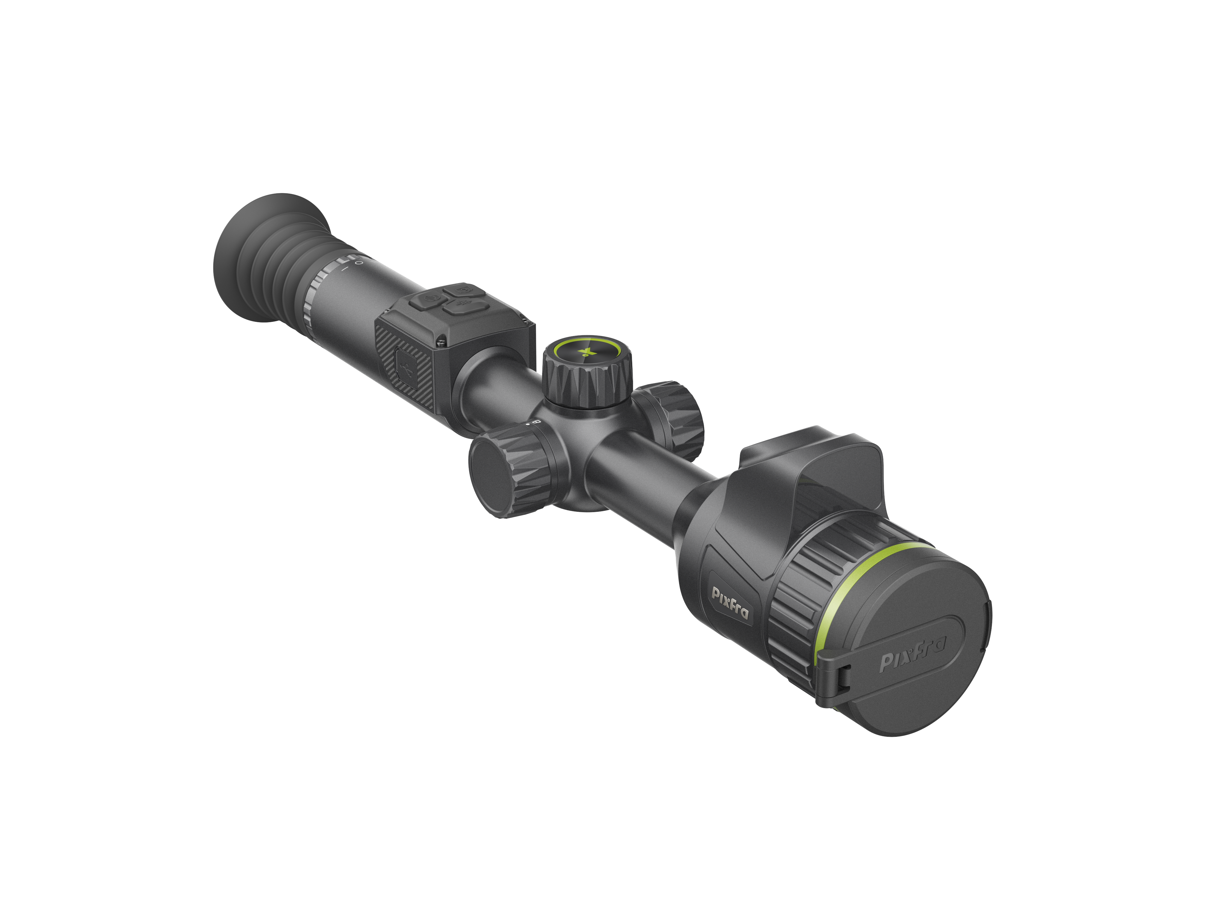 Un visor térmico negro para rifle con detalles en verde sobre fondo negro.