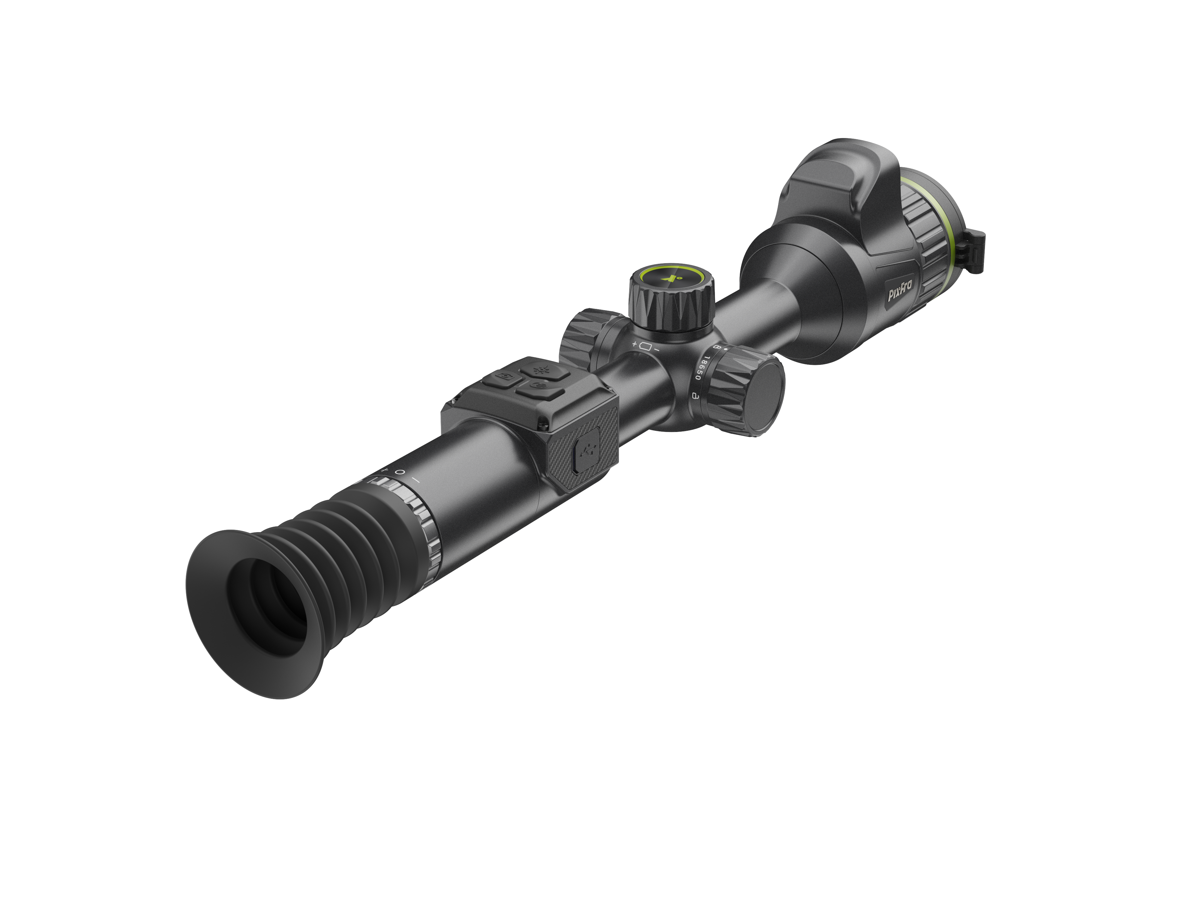 Un visor de rifle negro con diales de ajuste acanalados y una ojera de goma sobre fondo negro.