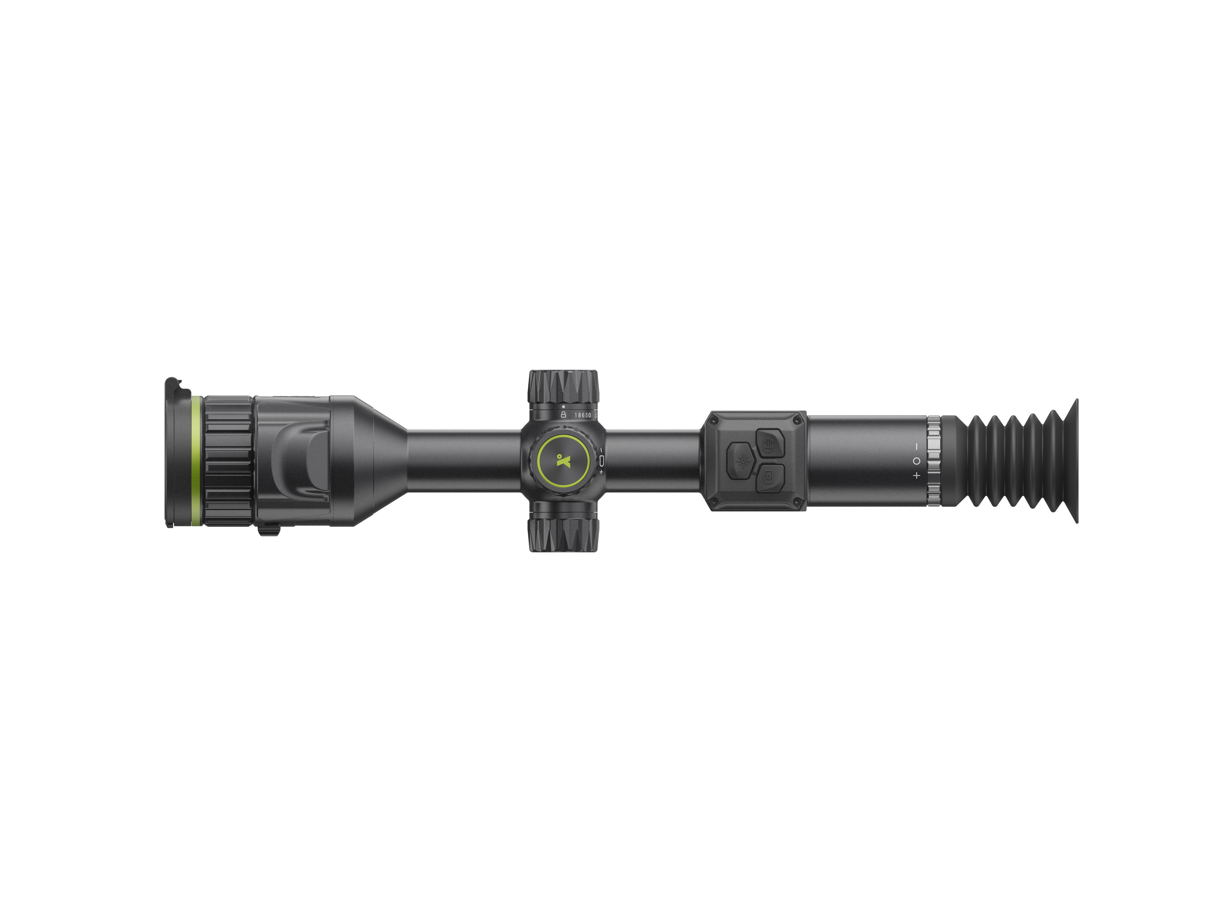Un visor de rifle negro con botones de control y anillo verde, visto horizontalmente sobre fondo negro.
