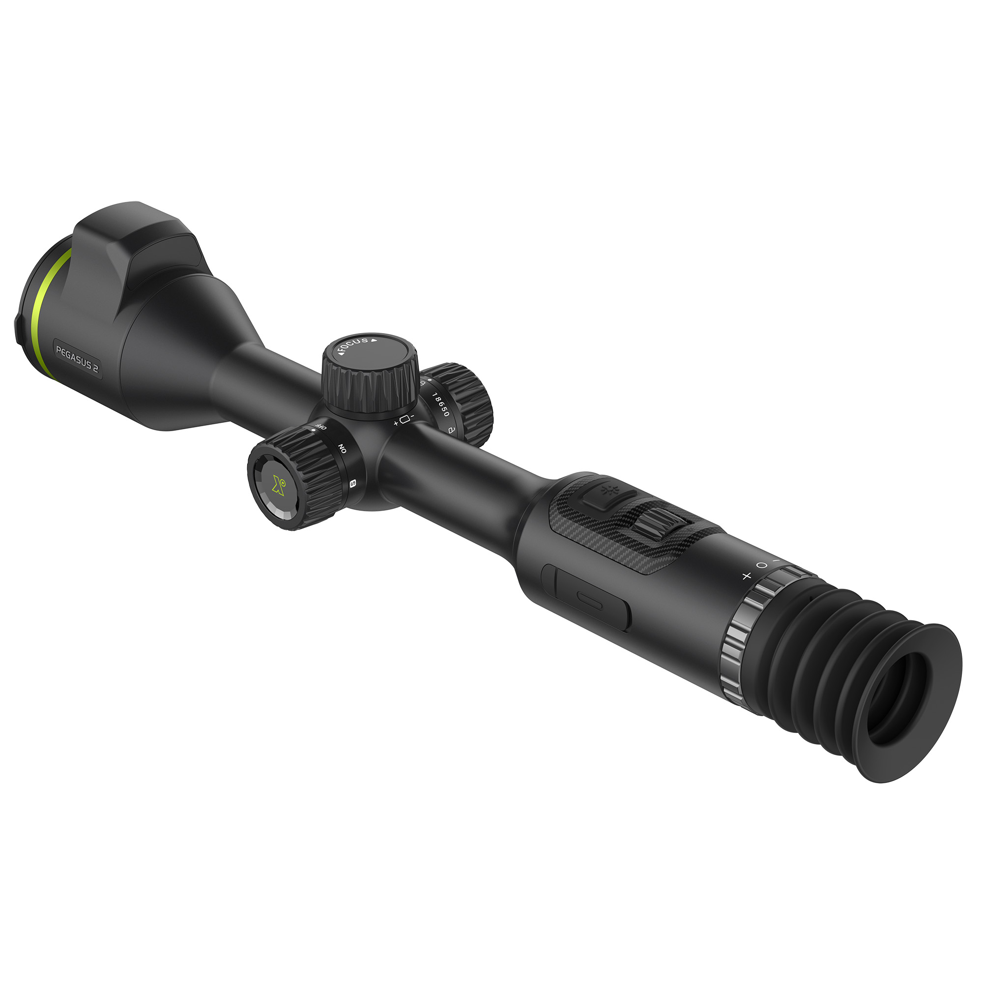 Visor negro con acento amarillo, ruedas de enfoque y control y ocular de goma sobre fondo blanco.