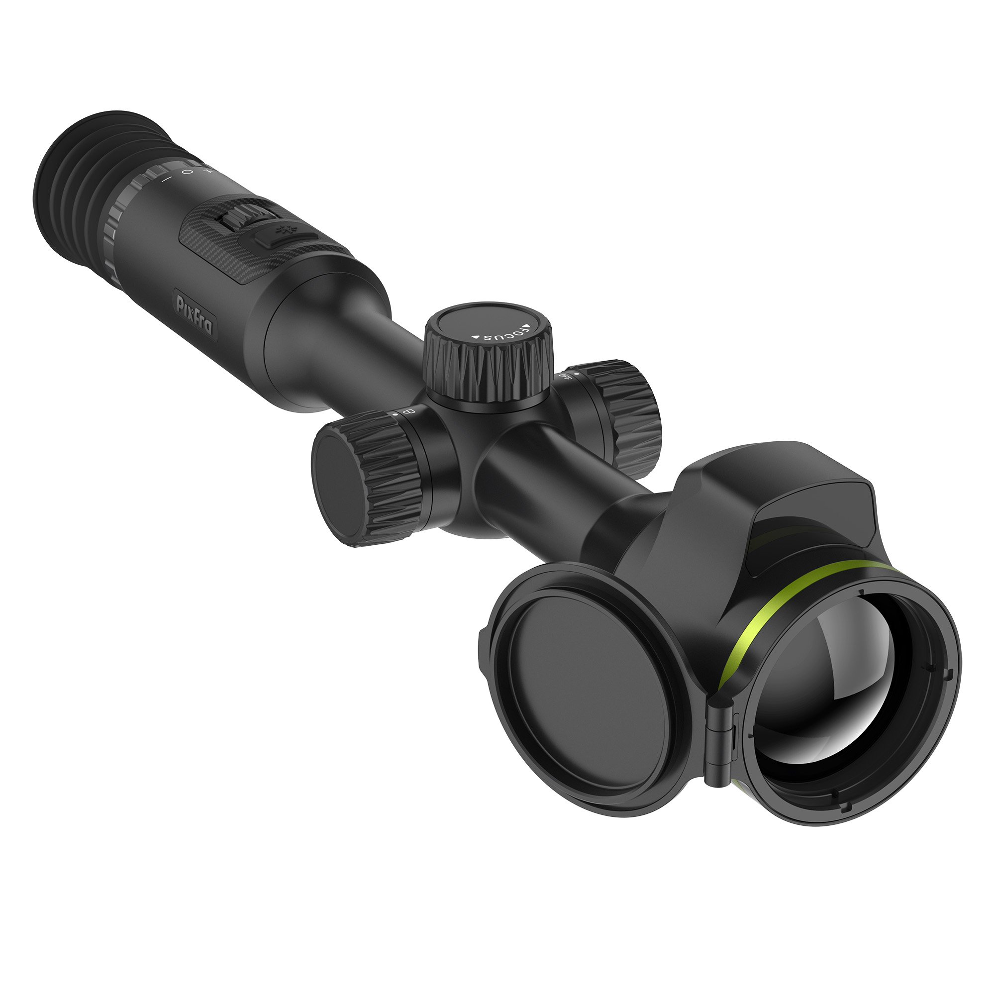 Un visor térmico negro con diales de enfoque, ocular de goma y tapa de lente abierta sobre fondo blanco.