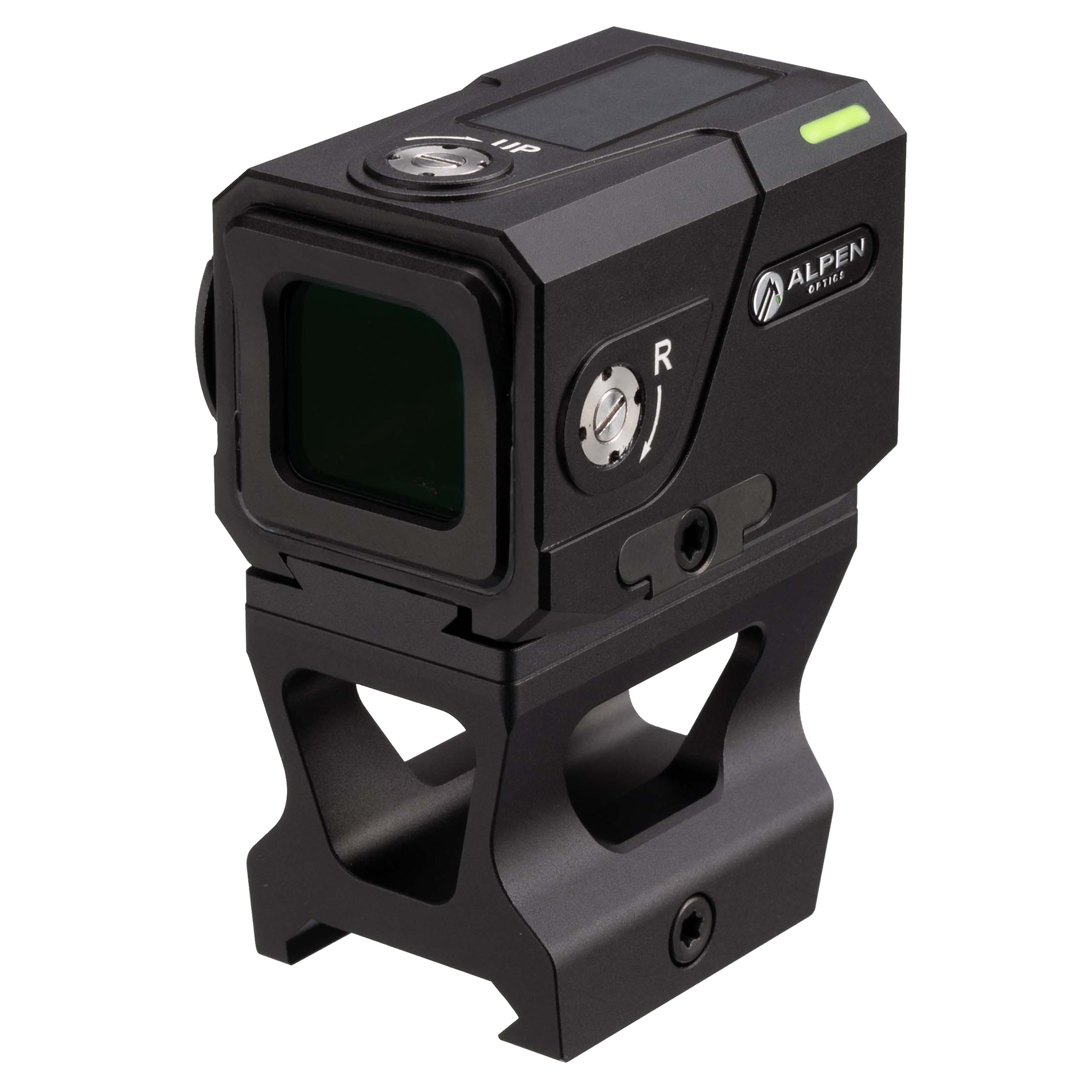 Una mira de punto rojo Alpen Optics negra montada en un riel de metal sobre fondo blanco.