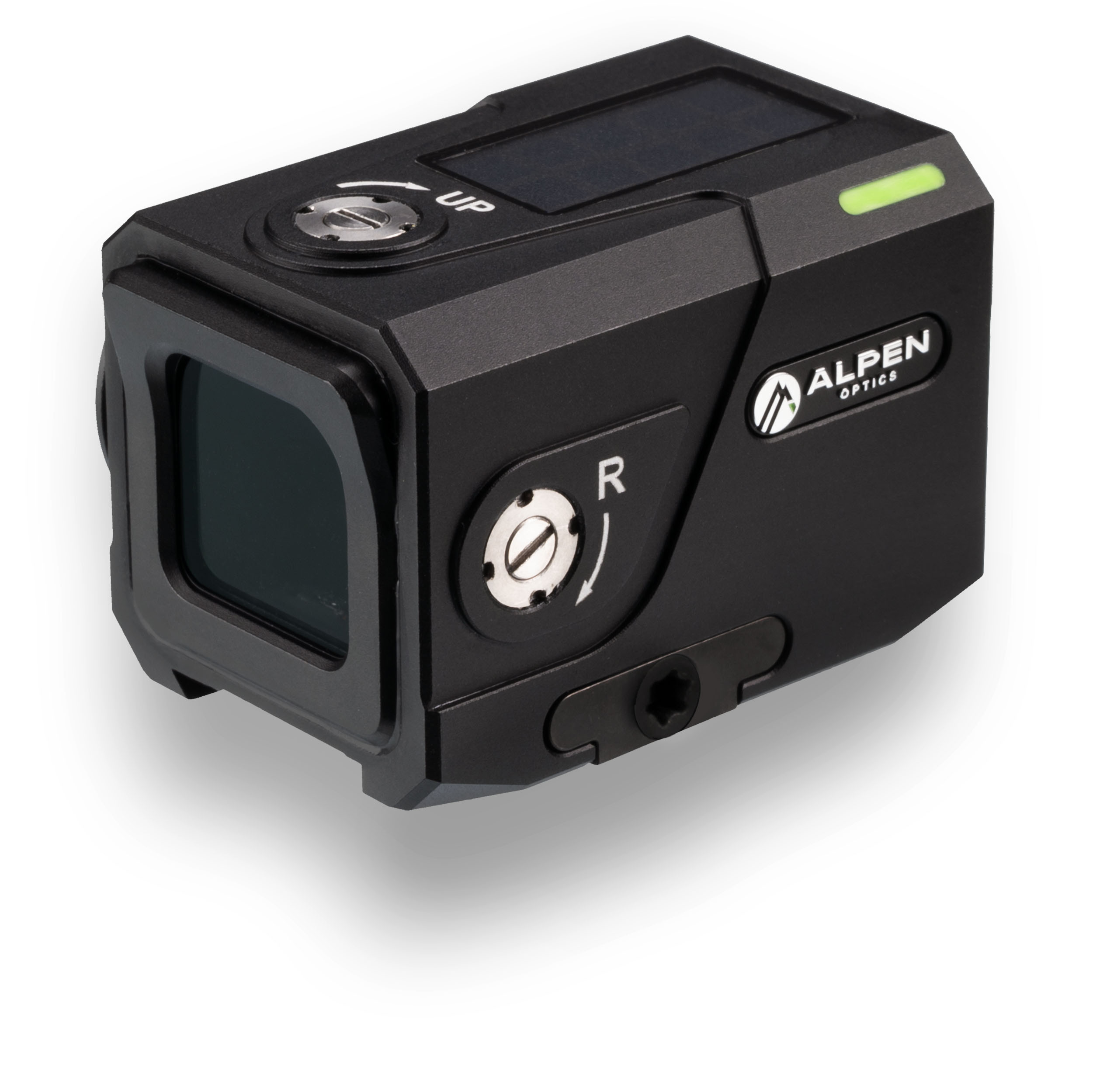 Mira de punto rojo Alpen Optics negra con tornillos de ajuste y luz verde.