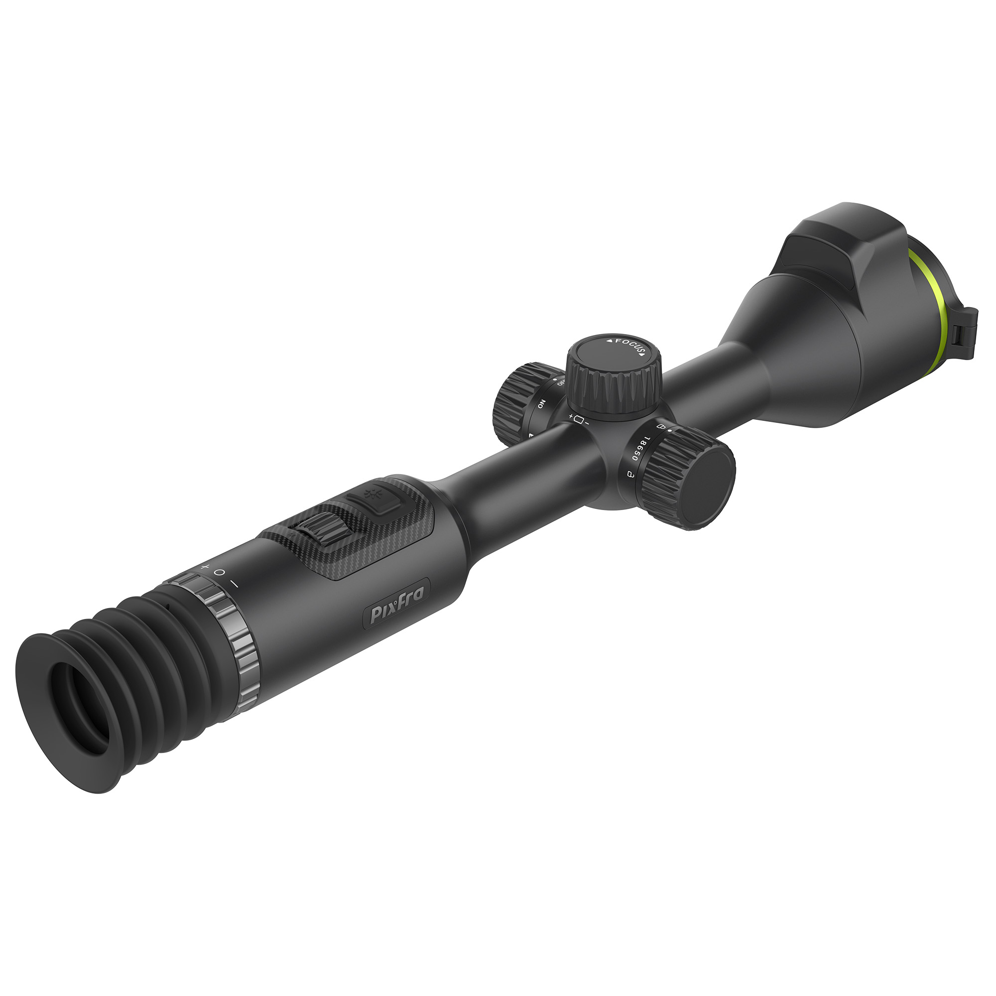 Un visor térmico negro para rifle con diales de ajuste, una ojera de goma y la marca Pixfra en el lateral.