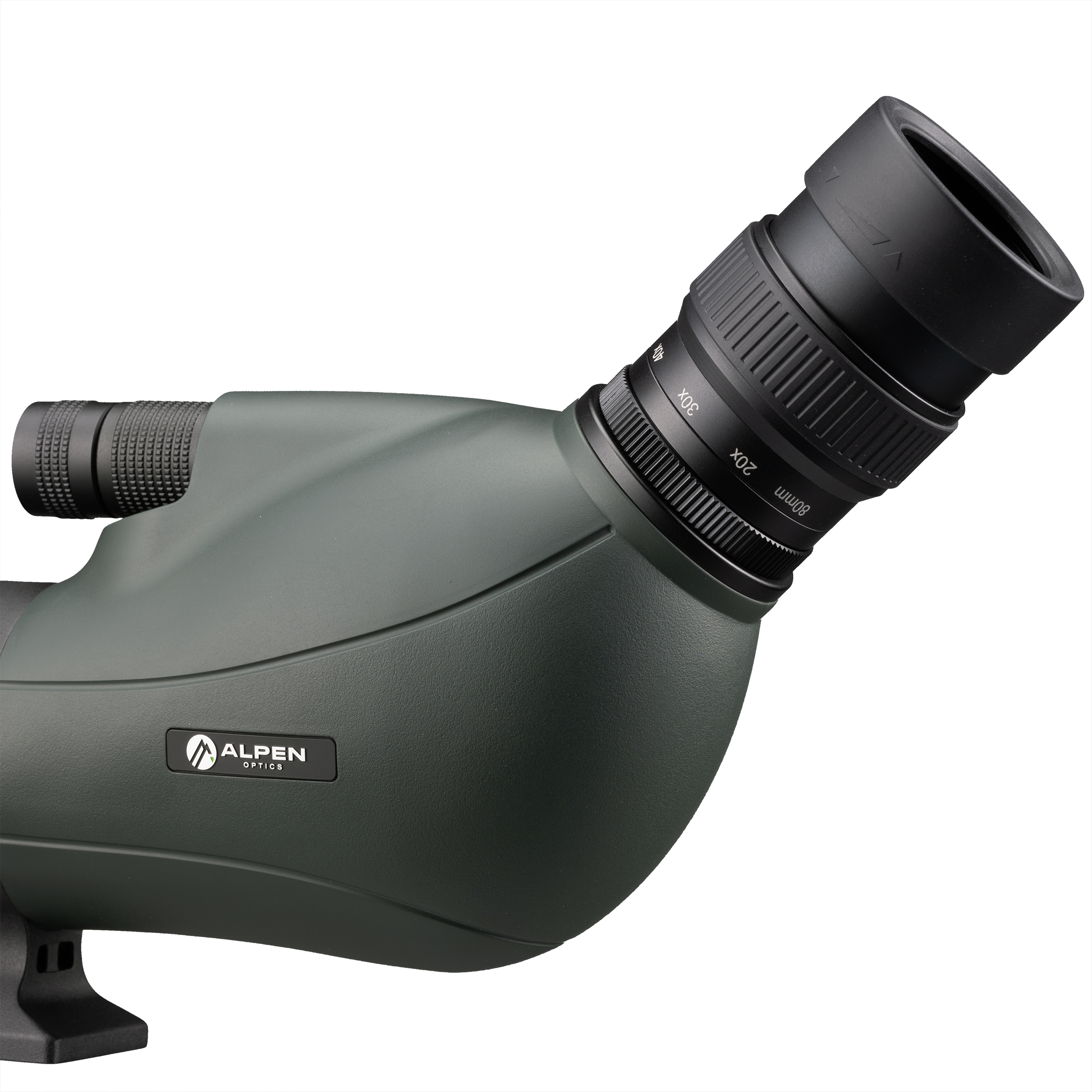 Un catalejo Alpen Optics gris con anillo de enfoque y ocular sobre fondo blanco.