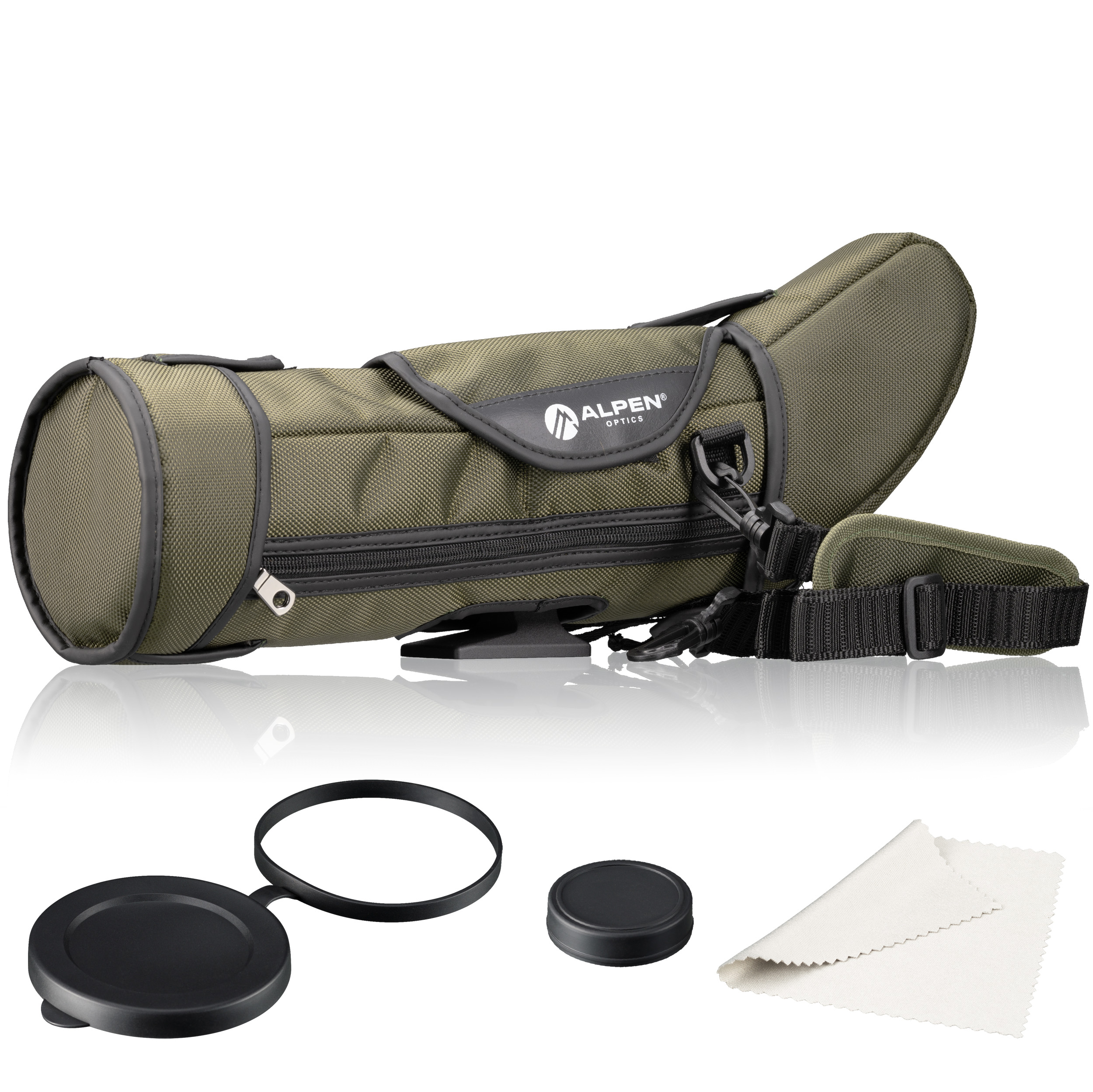 Catalejo Alpen Optics verde oliva en funda ajustada con correa, tapas de lente y paño de limpieza.