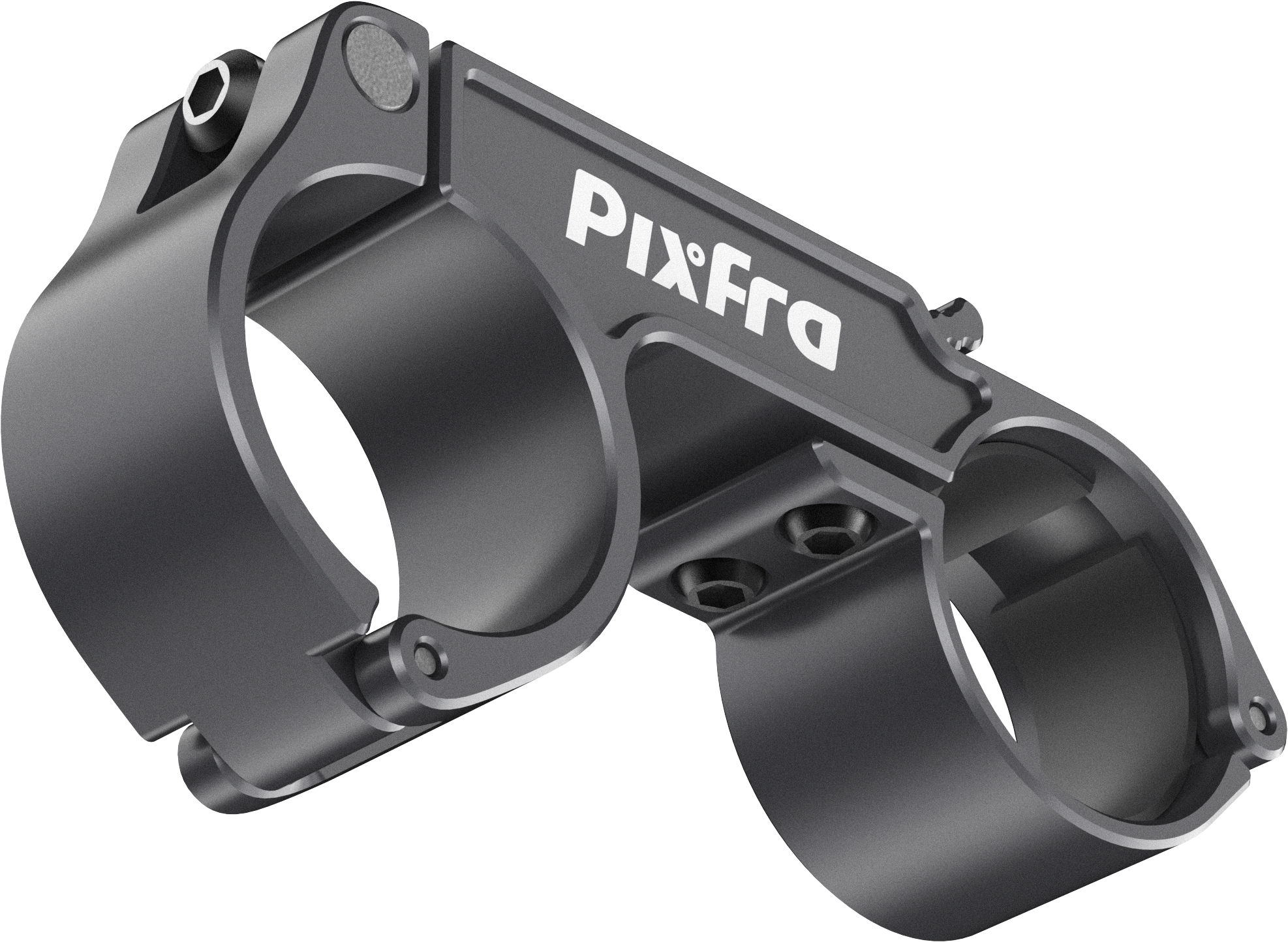 Un soporte para visor metálico negro con el logotipo blanco de PixFra sobre fondo negro.