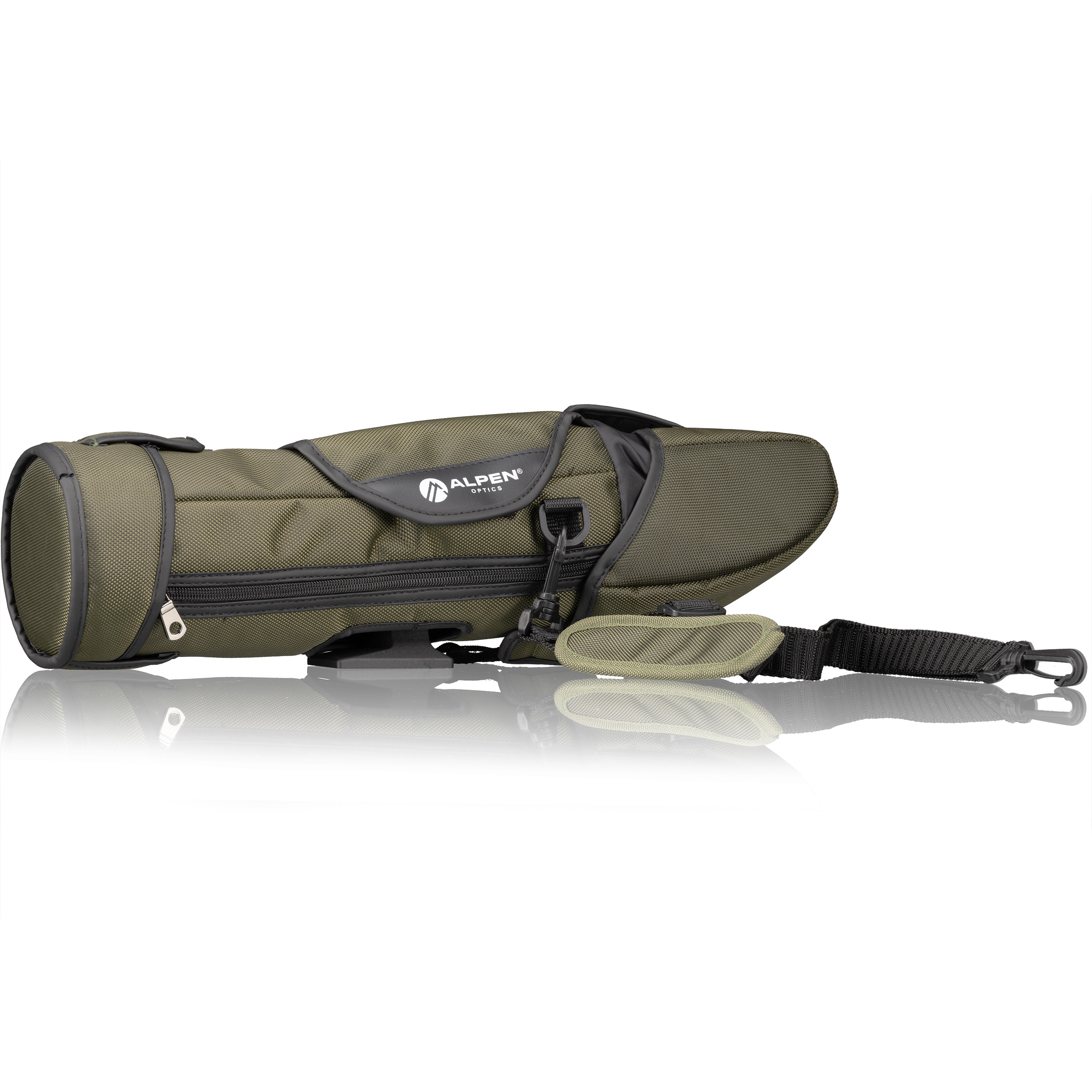 Funda verde Alpen Optics con cremallera negra y correa.
