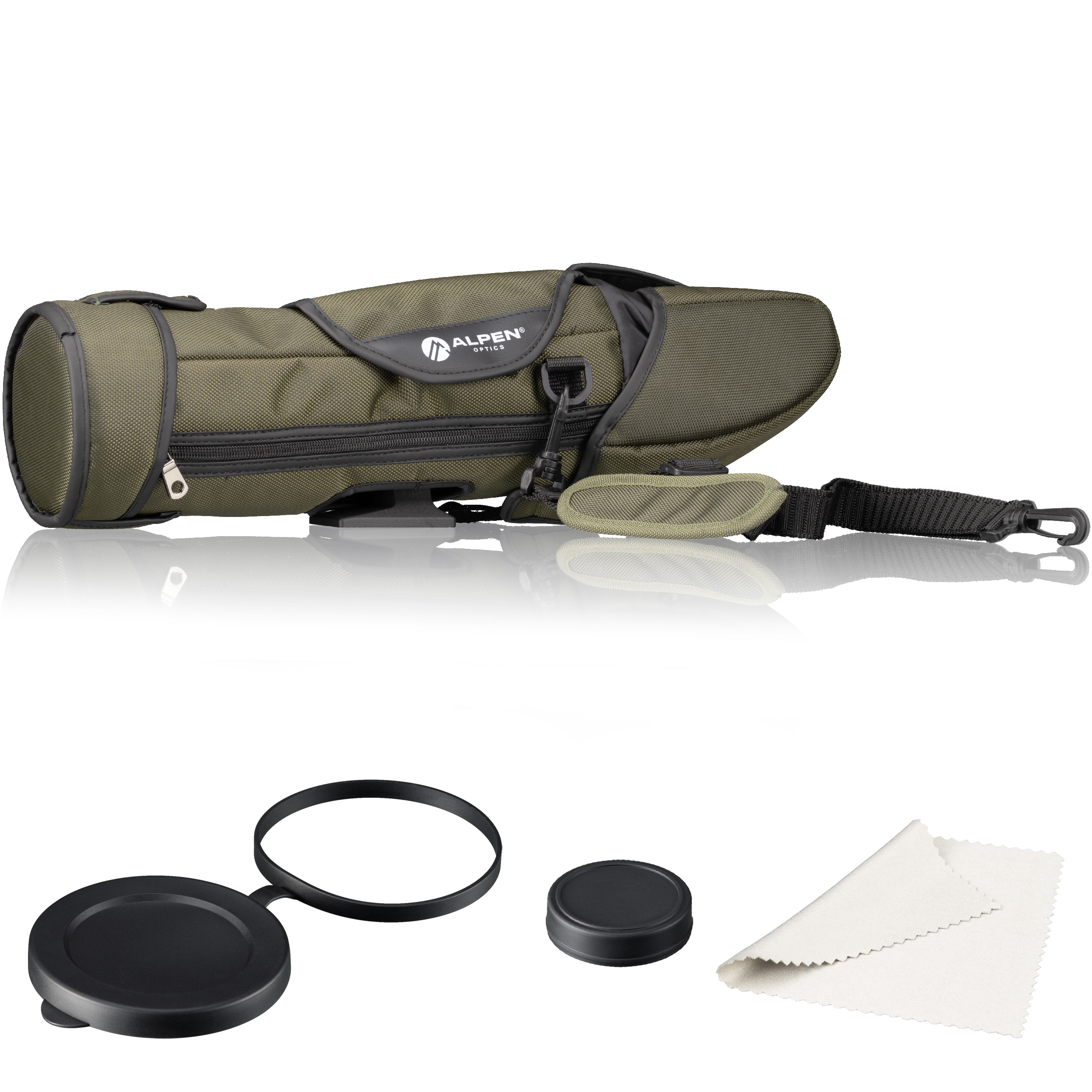 Estuche verde para prismáticos Alpen Optics con correa, tapas y paño de limpieza.