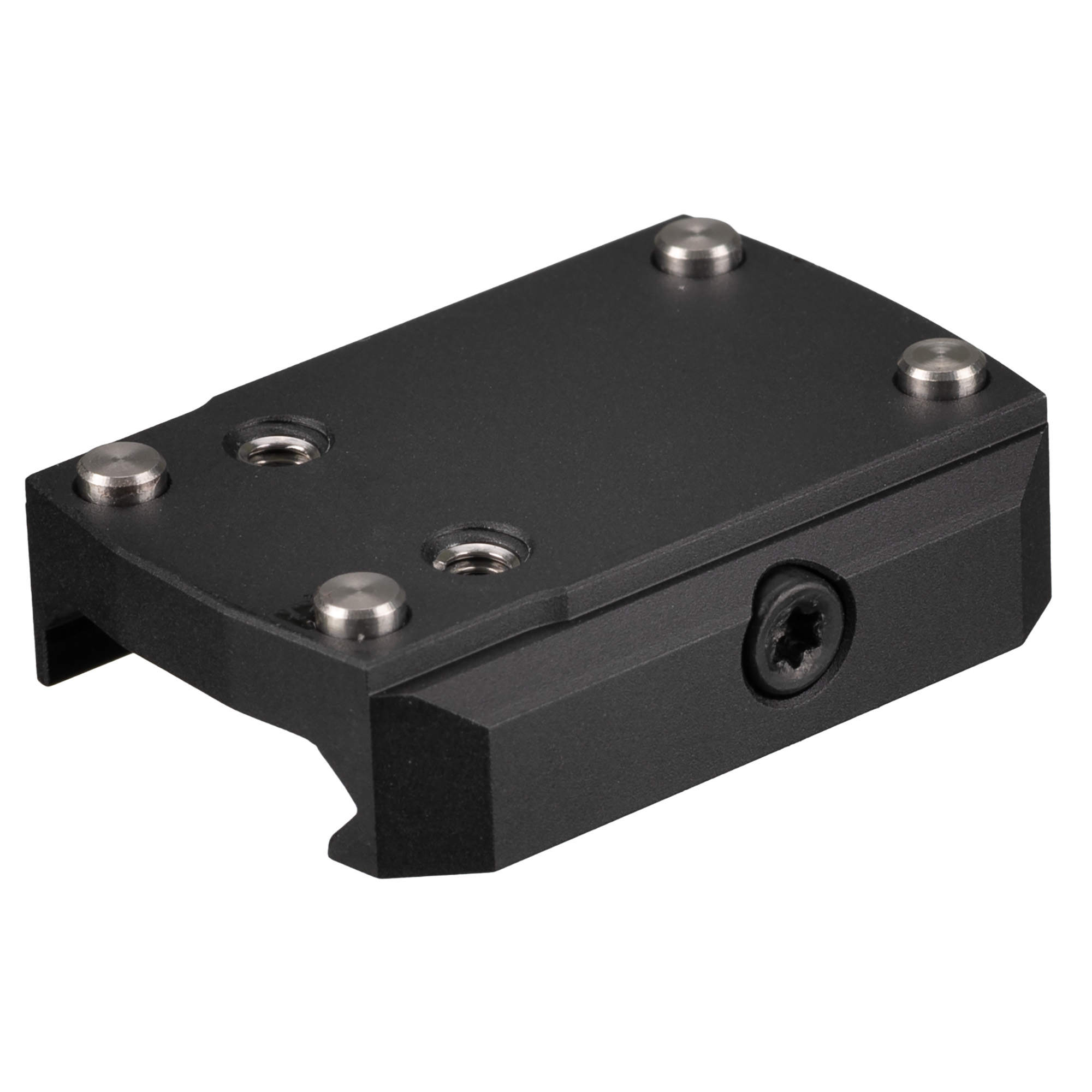 Una base de montaje de metal negro mate con pasadores plateados y un tornillo hexagonal grande en el lateral.
