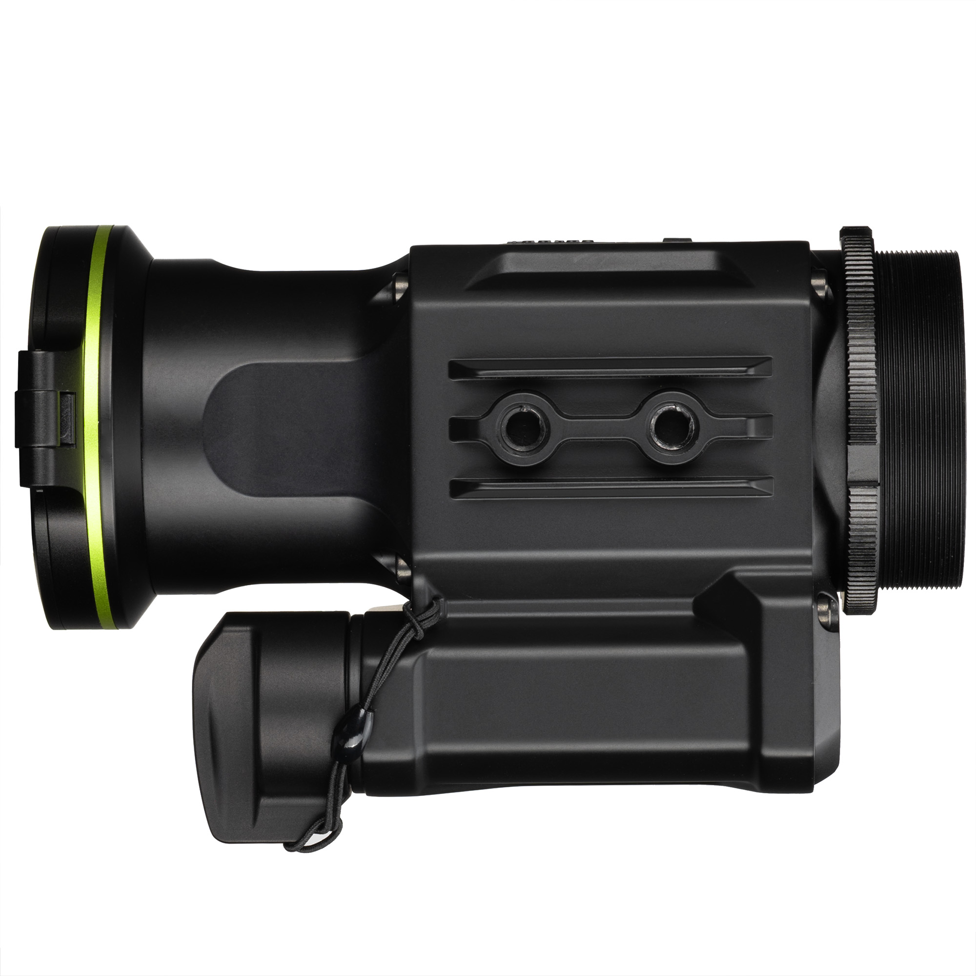 Monocular negro con anillo verde y montura roscada sobre fondo blanco.