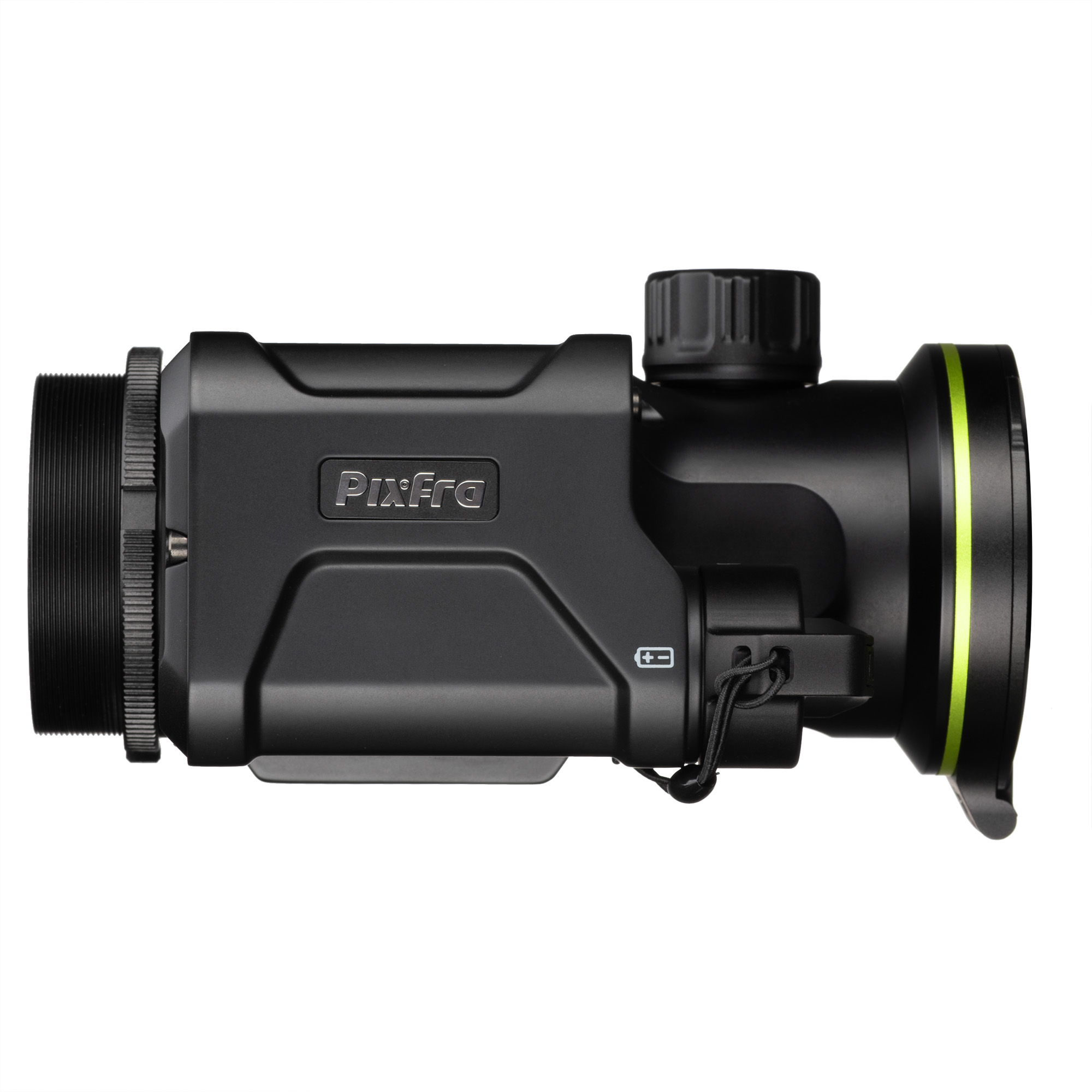 Visor de rifle Pixfra negro con rosca frontal acanalada y un anillo verde neón.
