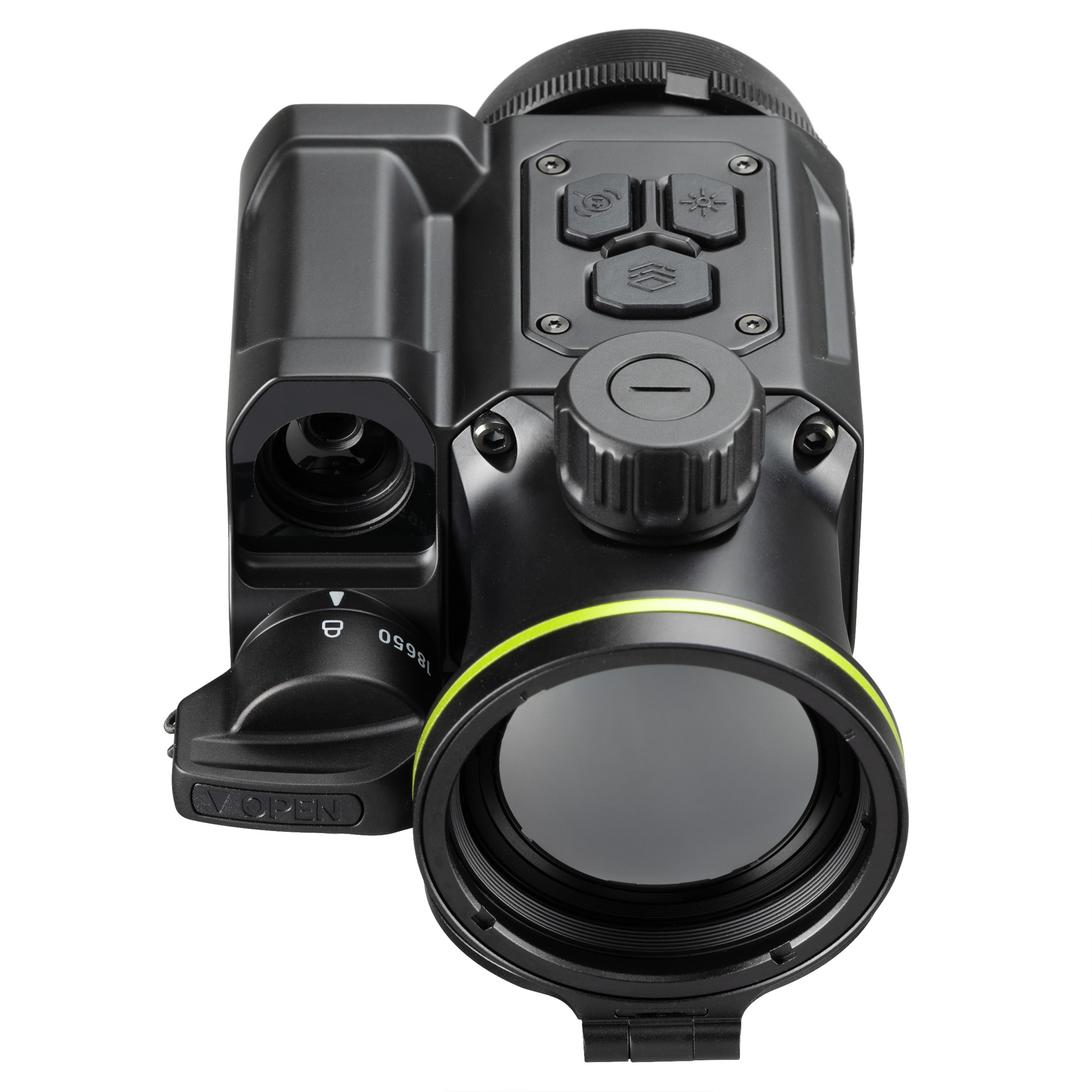Visor negro con anillo amarillo, botones superiores y dial de ajuste sobre fondo blanco.