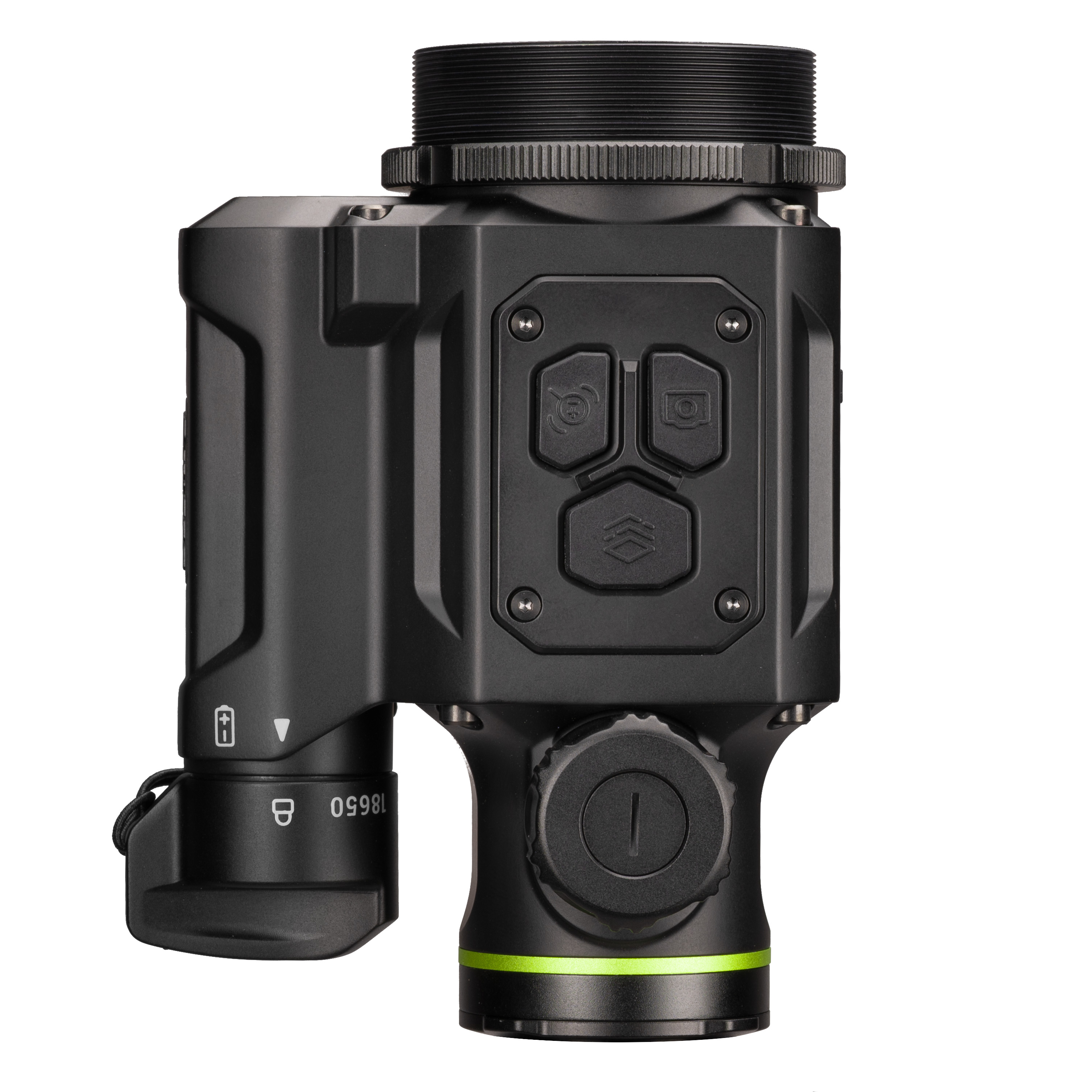 Un dispositivo de imagen térmica negro con botones de control y un anillo verde sobre fondo blanco.