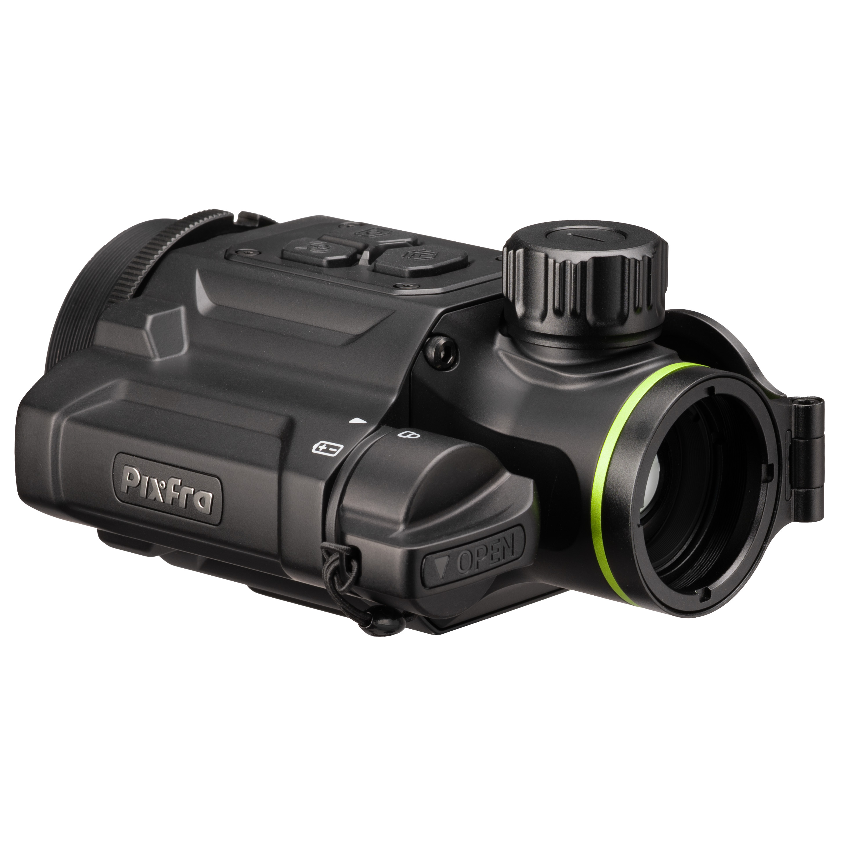 Un dispositivo térmico Pixfra negro con botones de control y un anillo verde.