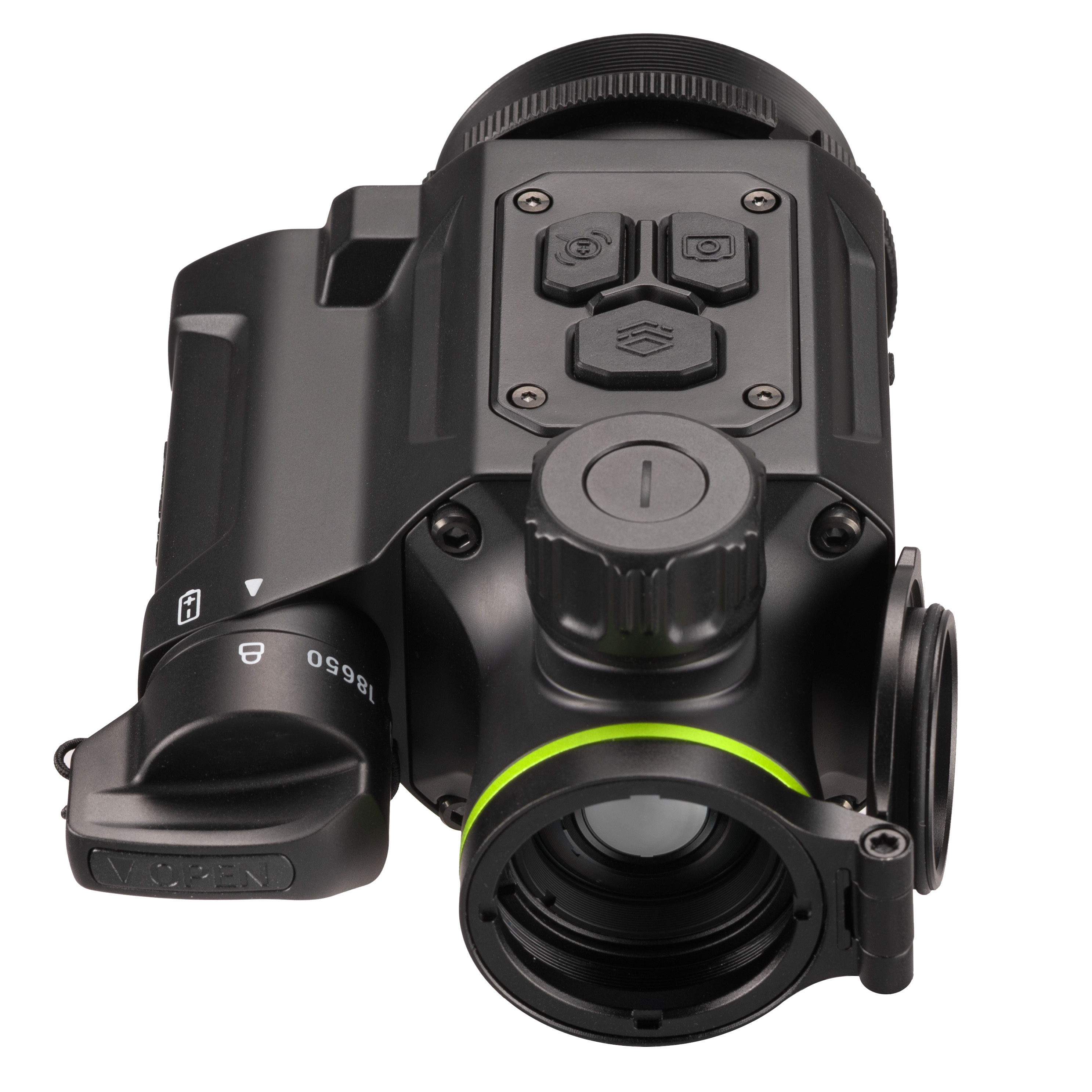 Mira térmica negra con tres botones superiores, un dial de control redondo y un anillo verde.