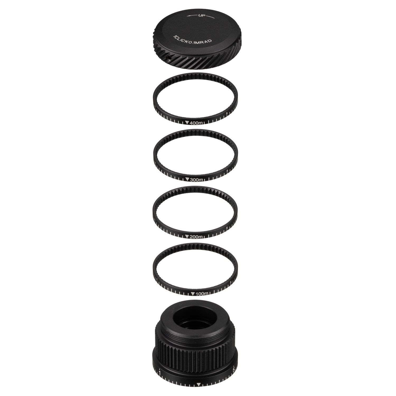 Tapa de torreta de visor negro desmontada y cuatro anillos de distancia sobre fondo blanco.