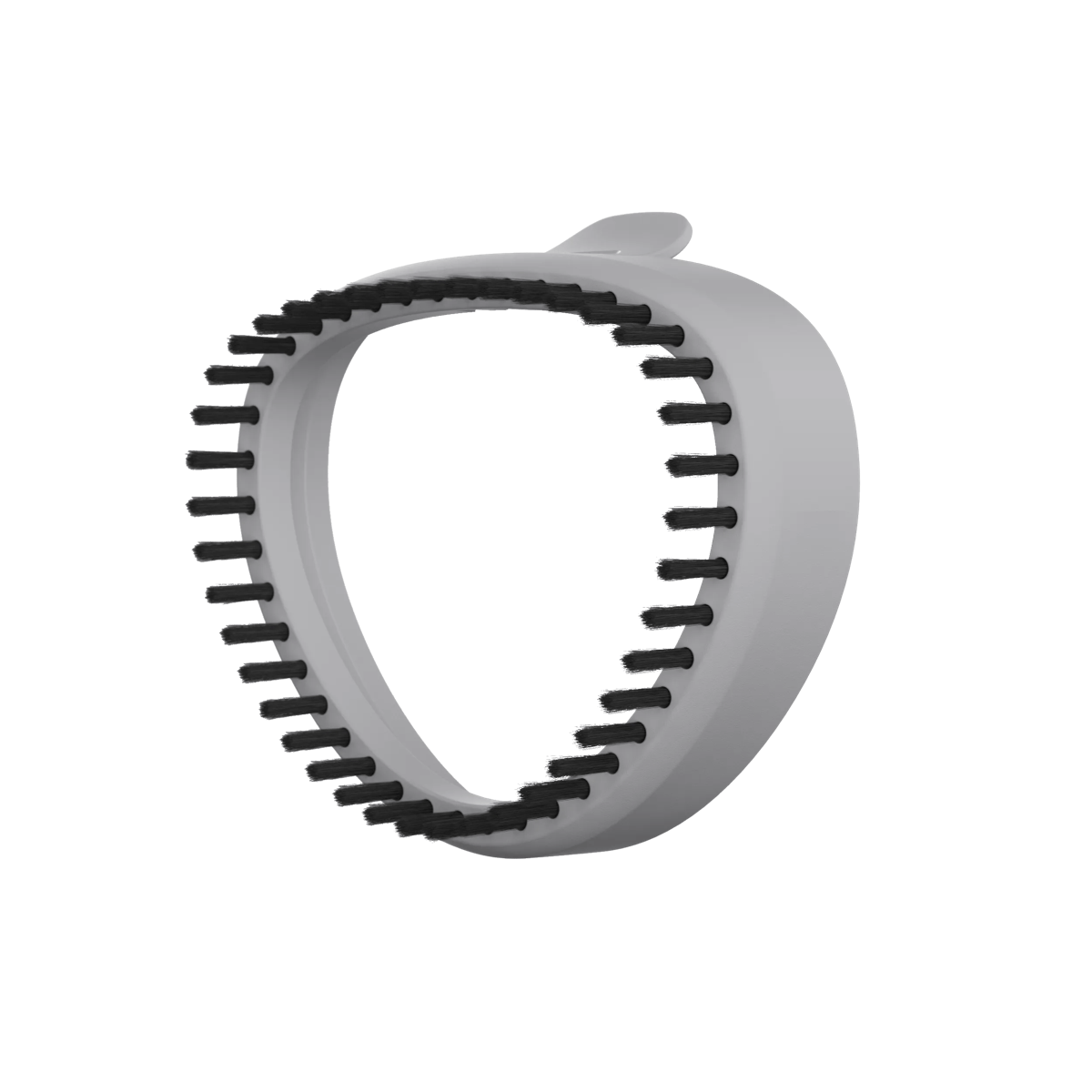 Accesorio de cepillo de vapor gris en forma de pera con cerdas negras sobre fondo blanco.
