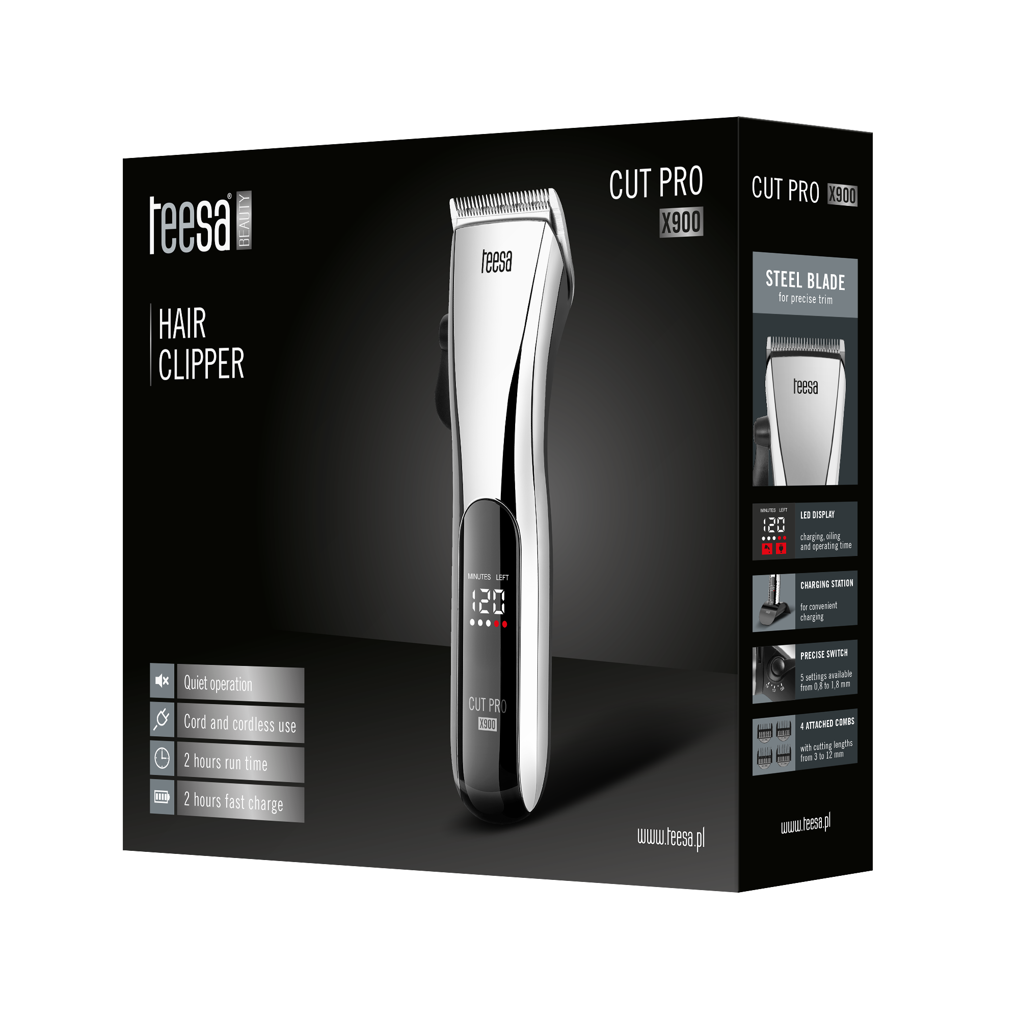 Teesa Cut Pro X900 Haarschneidemaschine in schwarzer Verpackung mit digitalen Anzeigen und Features.