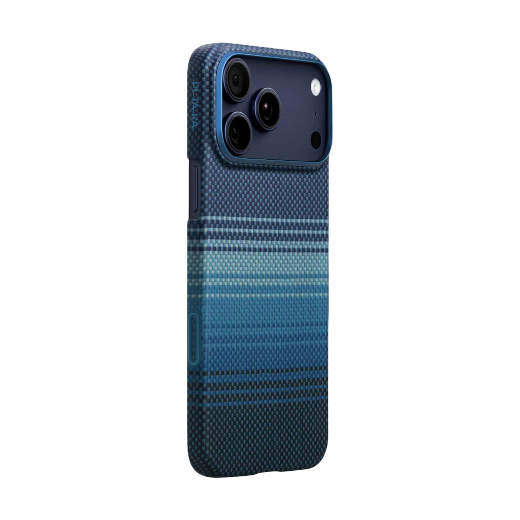 Niebieskie etui na smartfon z plecionym wzorem i zintegrowanym modułem aparatu.