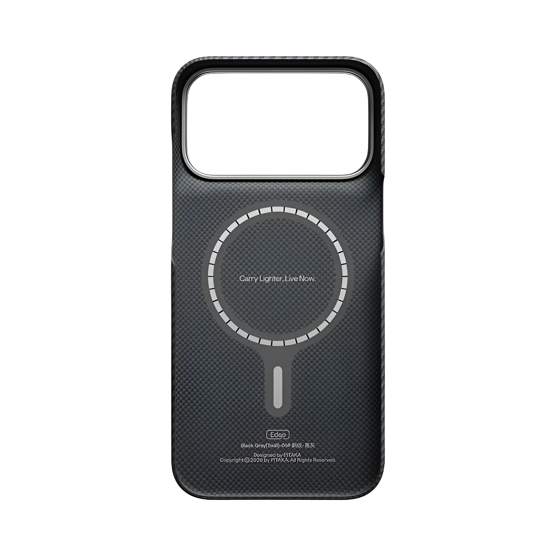 Czarne węglowe etui na telefon z pierścieniem MagSafe, wycięciem na aparat i napisem na białym tle.