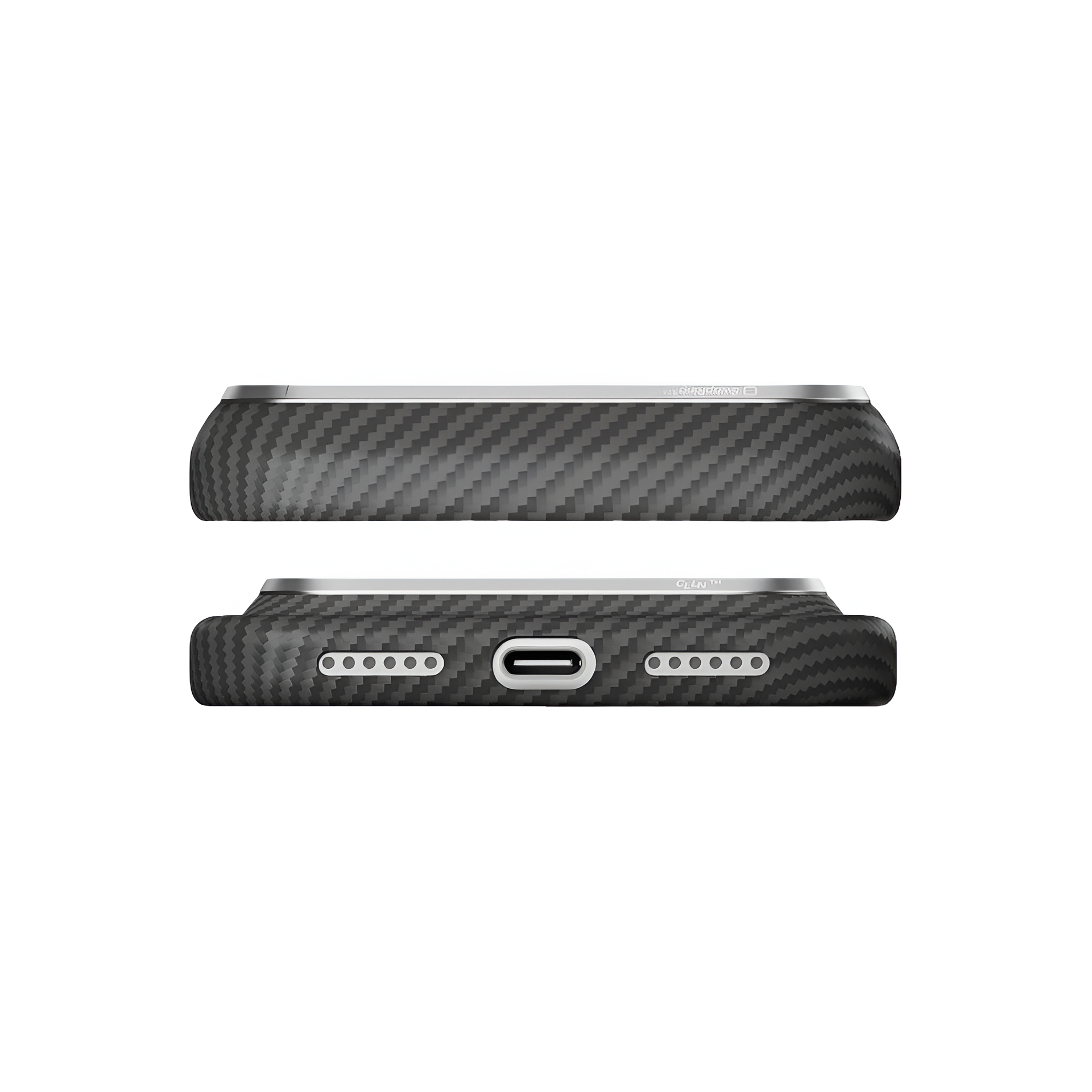 Widok z góry i z dołu czarnego etui z włókna węglowego z portem USB-C i głośnikami.