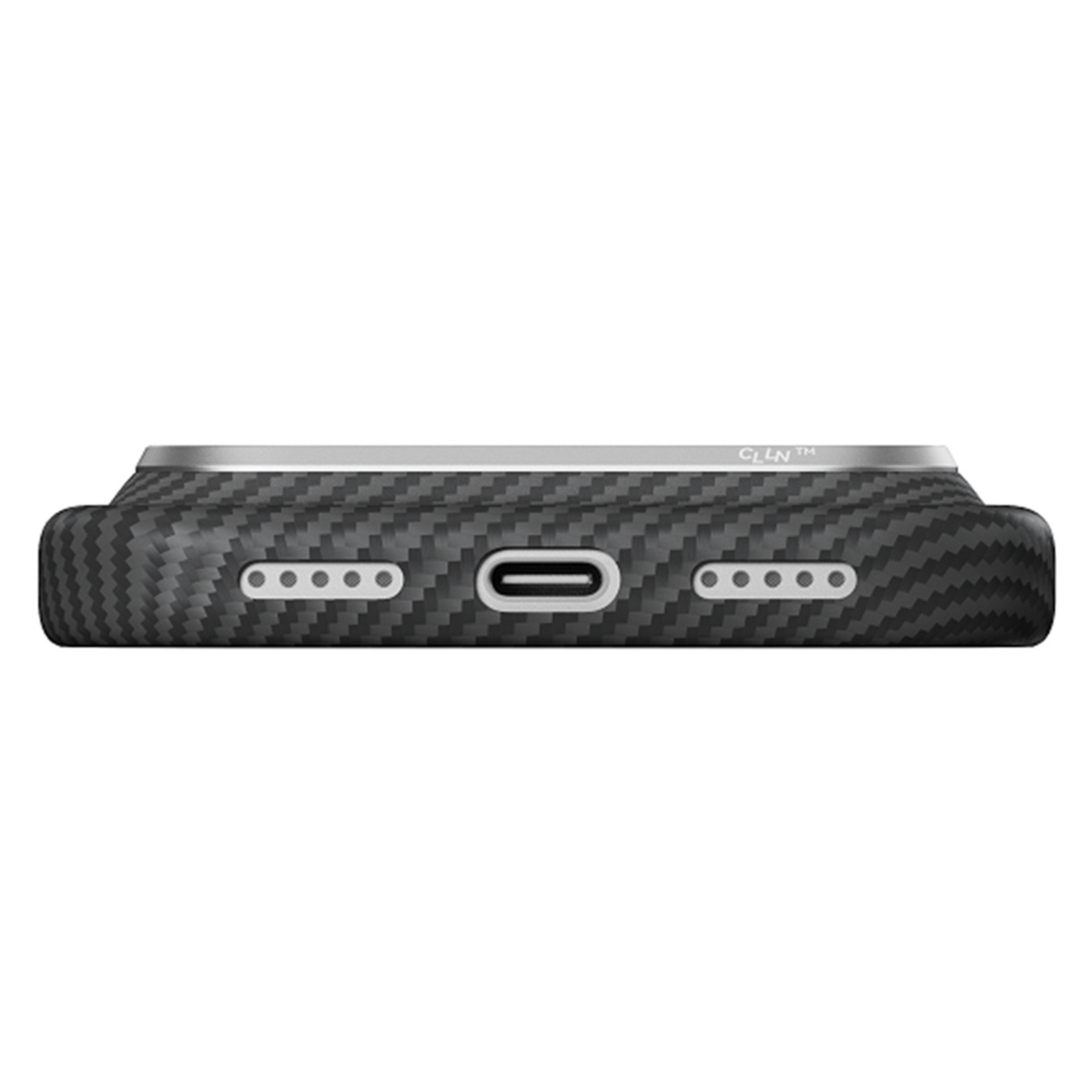 Dolny widok smartfona w etui z włókna węglowego z portem USB-C i głośnikami.