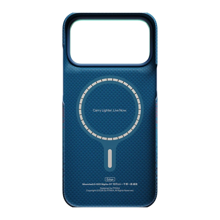 Niebieskie etui na telefon z pierścieniem MagSafe i białym tekstem w środku.