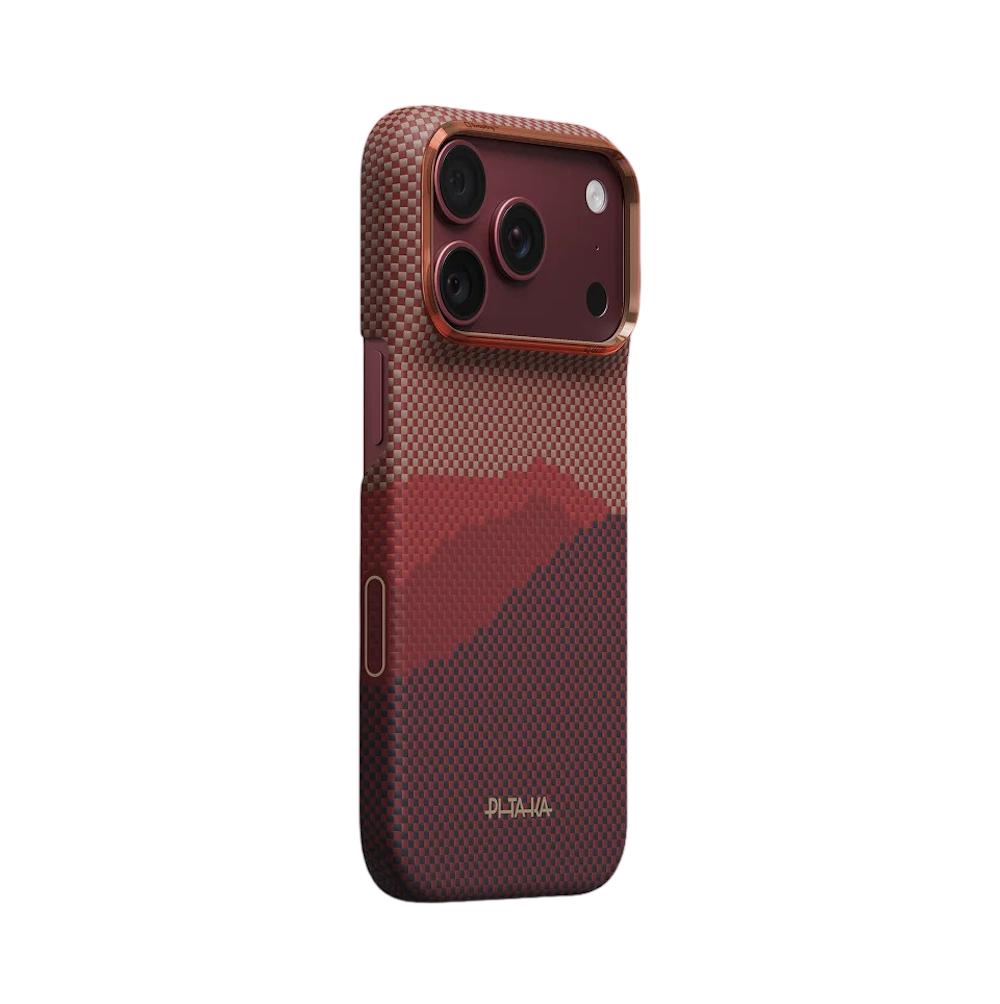 Czerwono-brązowe etui na smartfon z plecionym wzorem i modułem aparatu.