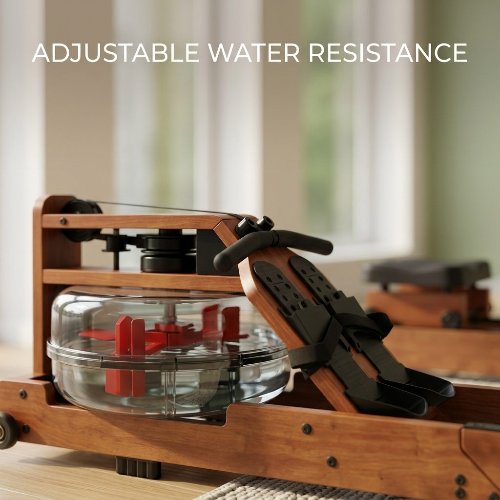 Ein Wasser-Rudergerät aus Holz mit einem klaren Tank, roten Paddeln und dem Text einstellbarer Wasserwiderstand.