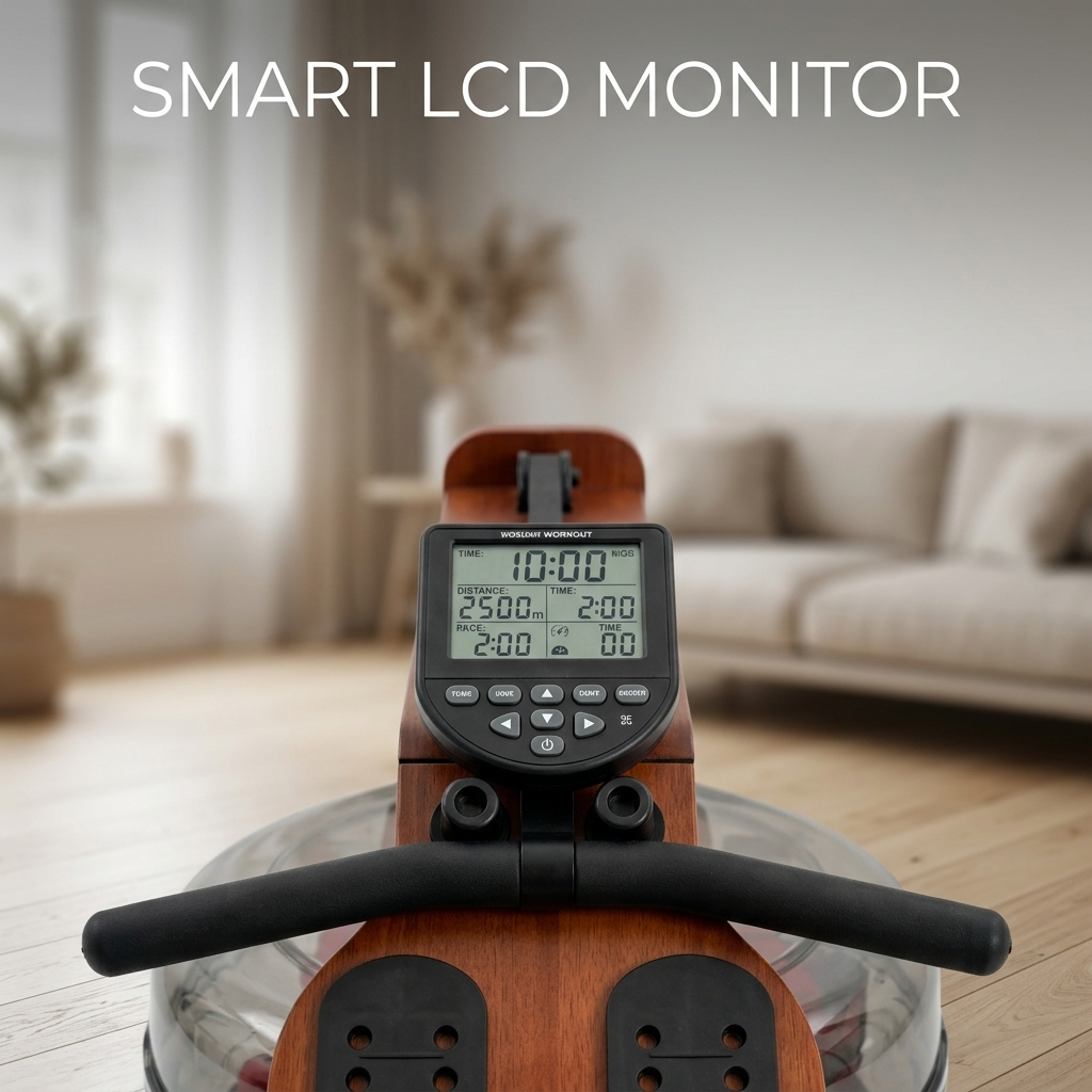 Una máquina de remos de madera con monitor LCD inteligente en una sala de estar luminosa.