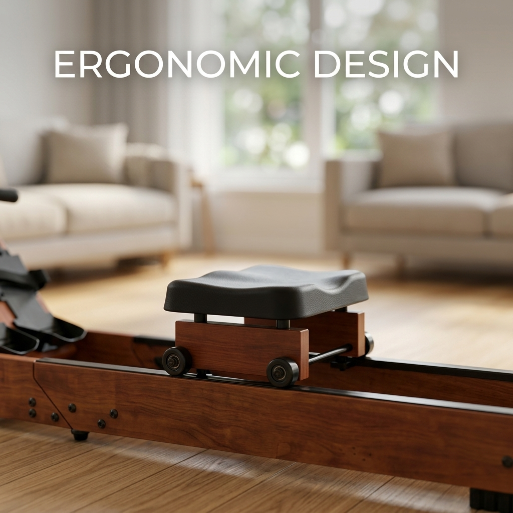 Máquina de remo de madera con asiento ergonómico negro en una sala.