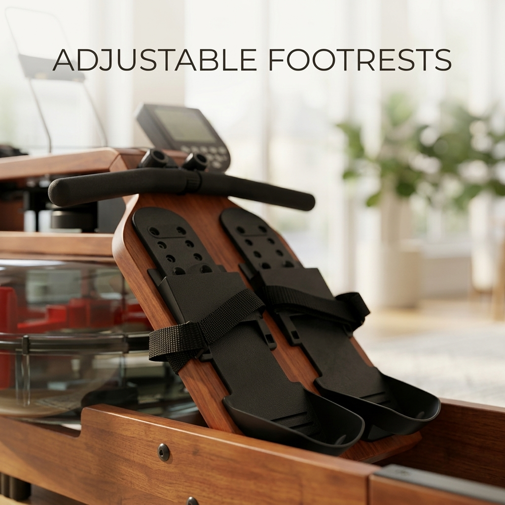 Primer plano de reposapiés negros ajustables en una máquina de remo de agua de madera, con el texto 'ADJUSTABLE FOOTRESTS'.