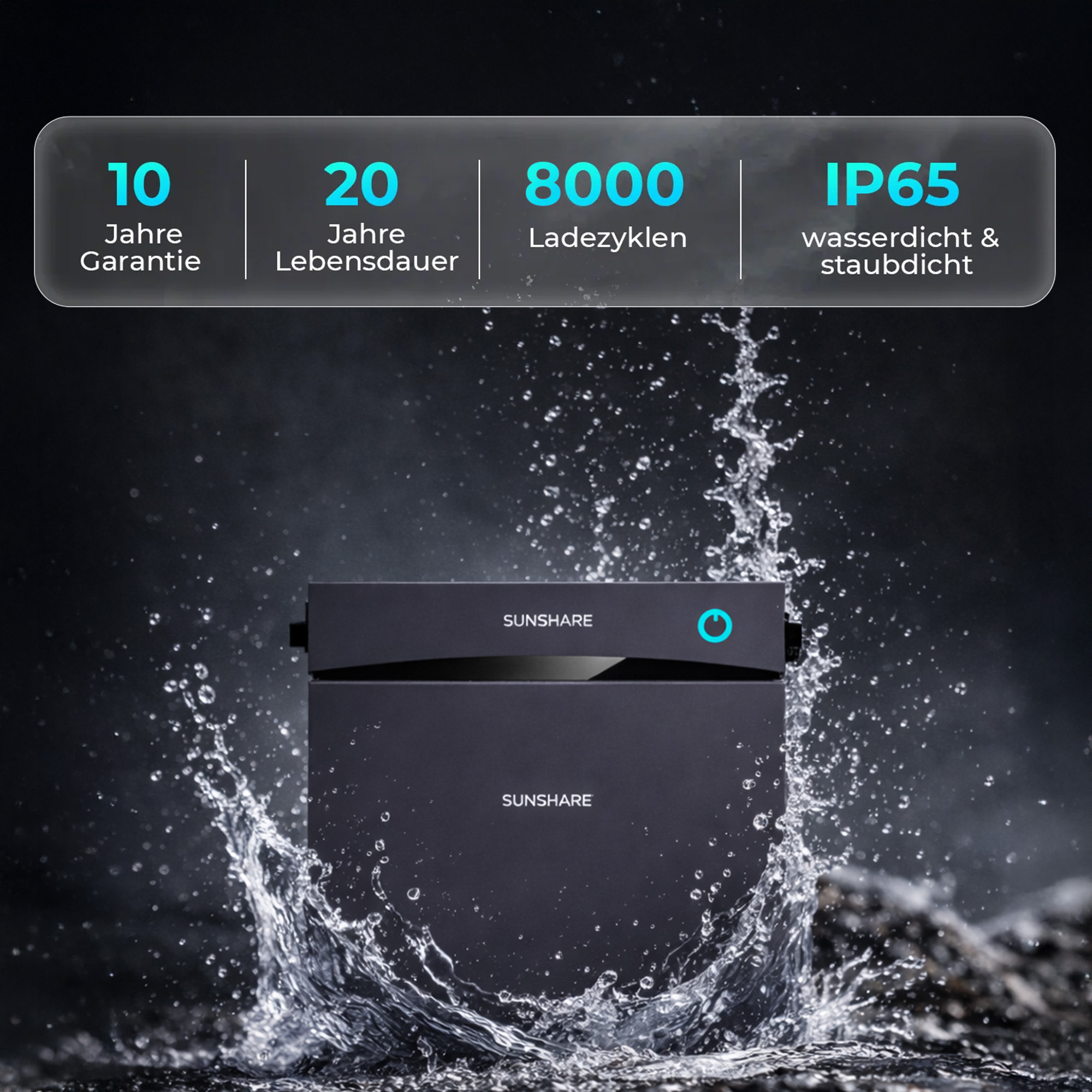 Sunshare Powerstation mit Wasserspritzern, 10 Jahre Garantie, 20 Jahre Lebensdauer, 8000 Zyklen, IP65.