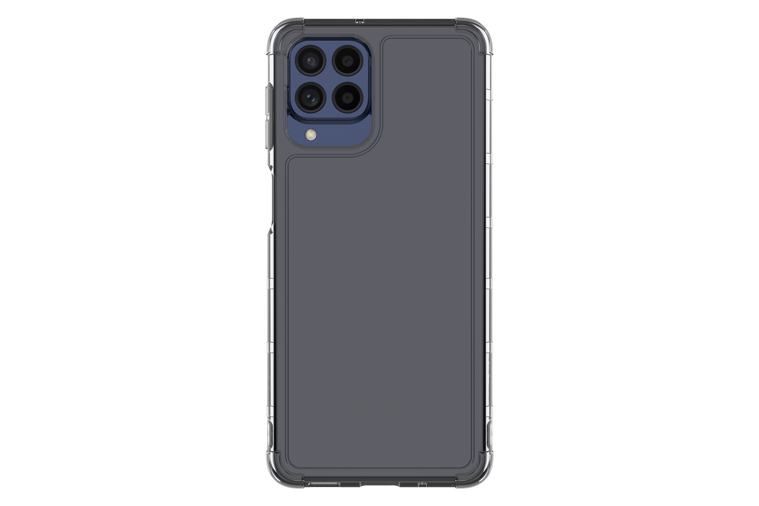 Uno smartphone in una cover protettiva trasparente con quattro fotocamere.