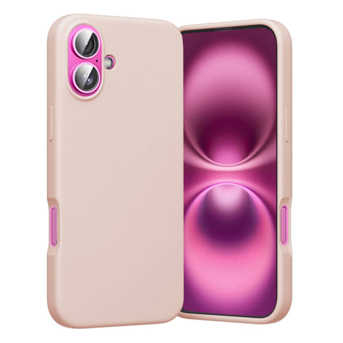 Uno smartphone rosa chiaro con doppia fotocamera e dettagli rosa, con uno schermo sfumato rosa.