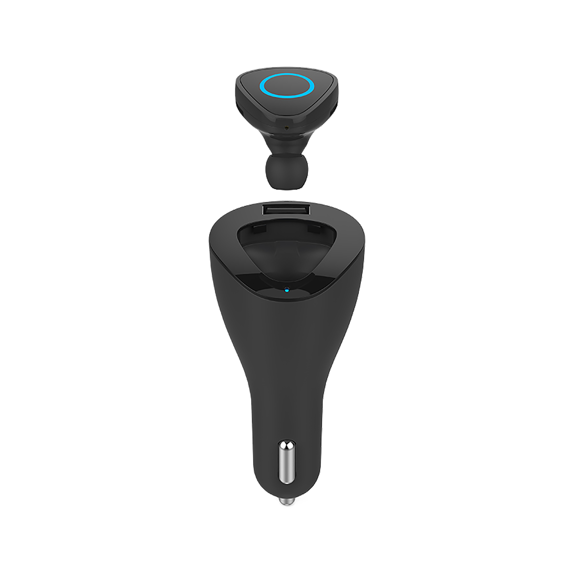 Czarne samochodowe słuchawki Bluetooth ze stacją ładującą, portem USB i niebieskim światłem LED na czarnym tle.
