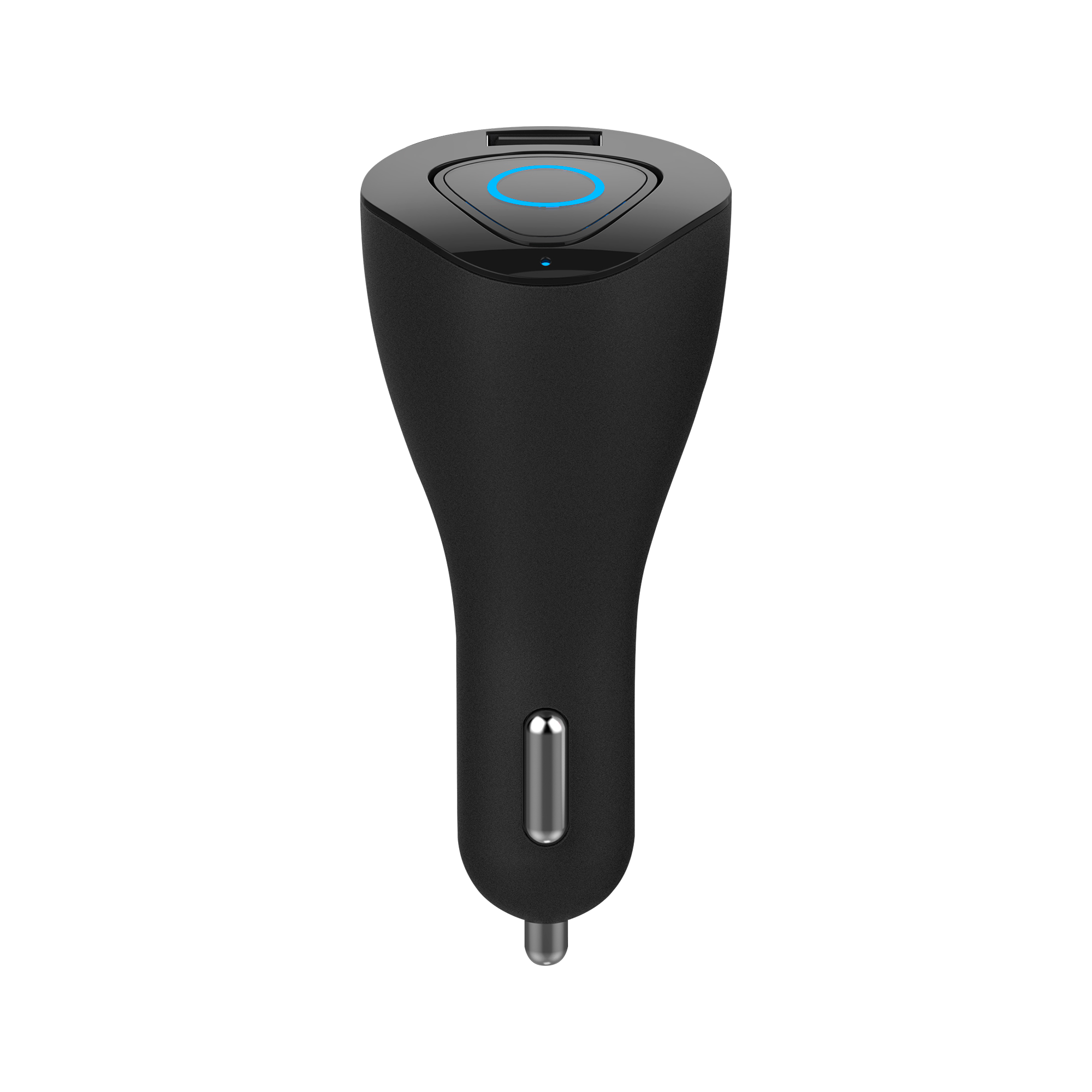 Czarna ładowarka samochodowa USB z niebieskim świecącym pierścieniem i srebrnymi stykami na czarnym tle.