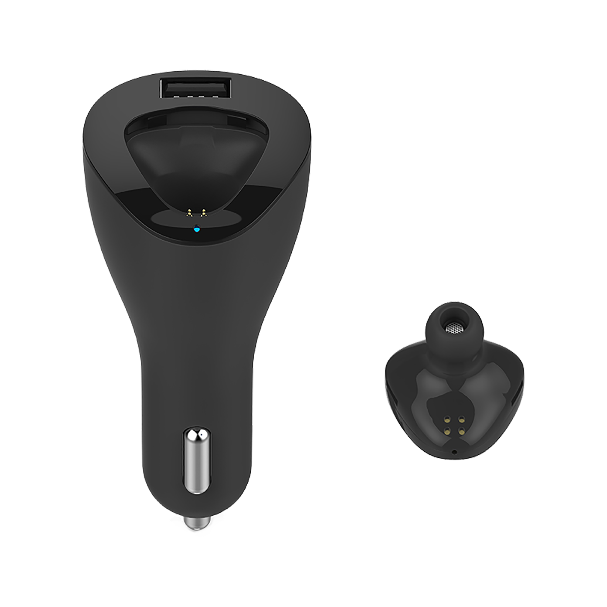 Czarna ładowarka samochodowa ze zintegrowaną słuchawką Bluetooth na czarnym tle.