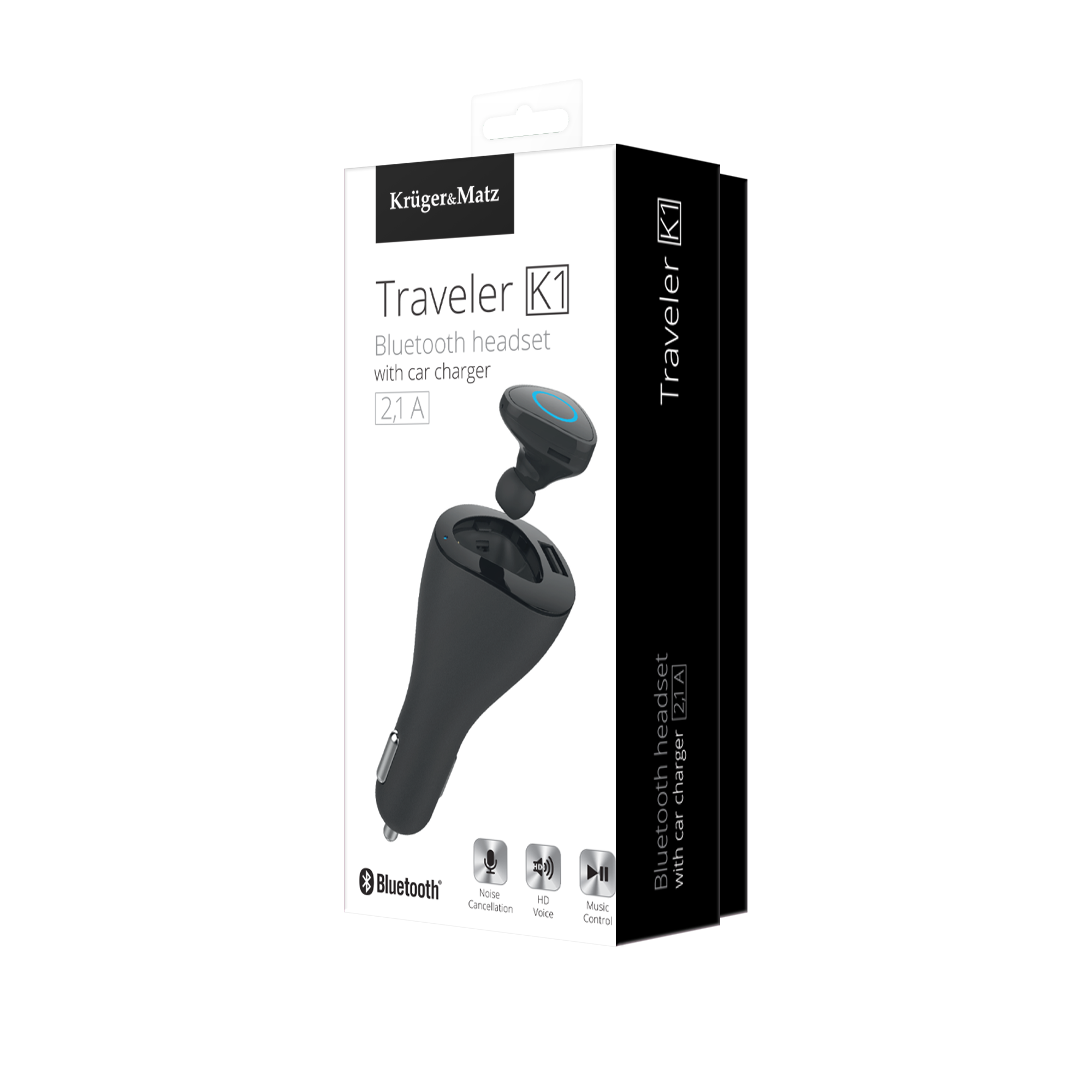 Opakowanie zestawu słuchawkowego Bluetooth Krüger&Matz Traveler K1 z ładowarką samochodową, z wizerunkiem produktu z przodu.