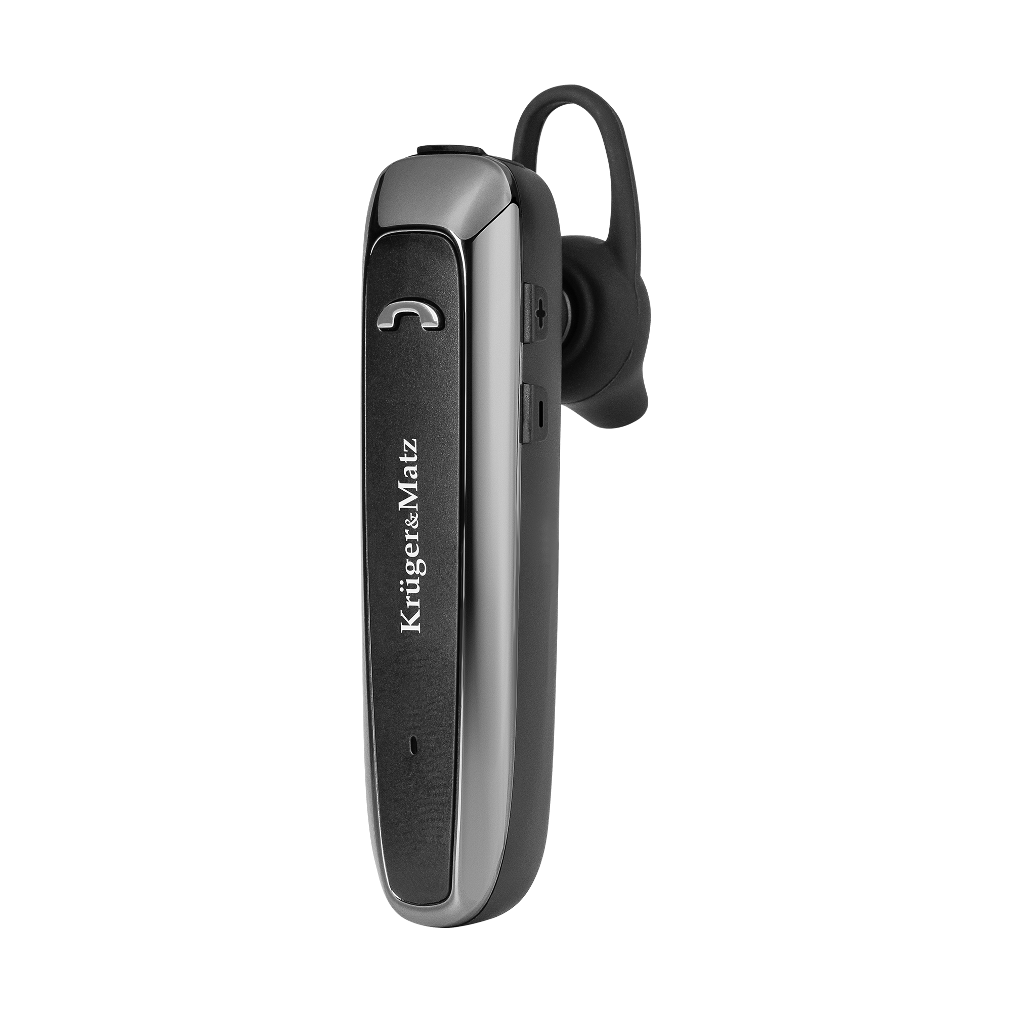 Czarny zestaw słuchawkowy Bluetooth Kruger&Matz z zaczepem na uszu na czarnym tle.