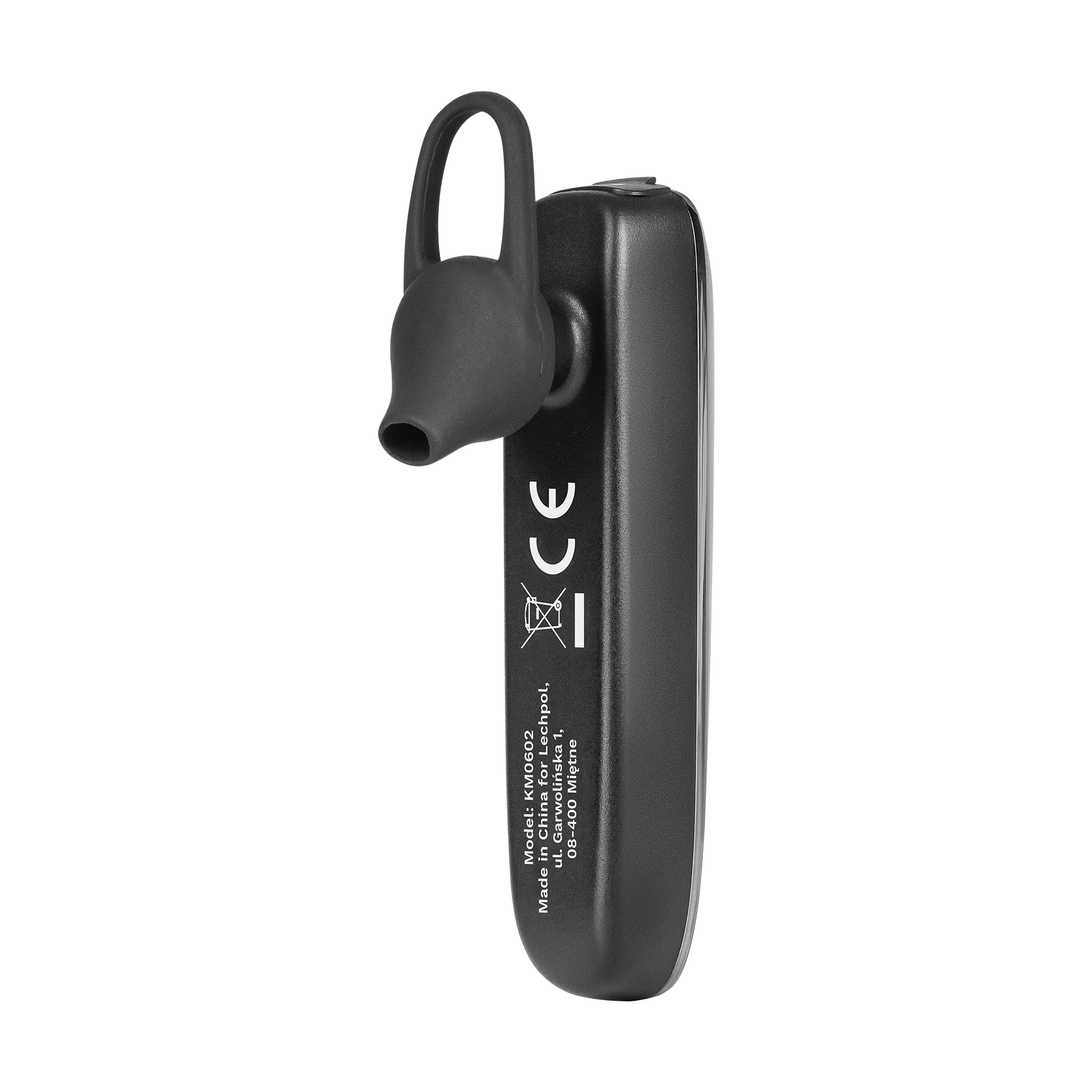 Czarne słuchawki Bluetooth z zaczepem na ucho i białym napisem na czarnym tle.